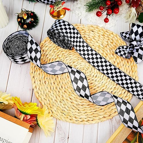 Miniatura 4 de 2 rollos20 yardas, cintas a cuadros en blanco y negro, cinta de borde con alambre a cuadros de diamante, cinta de envoltura para árbol de Navidad,
