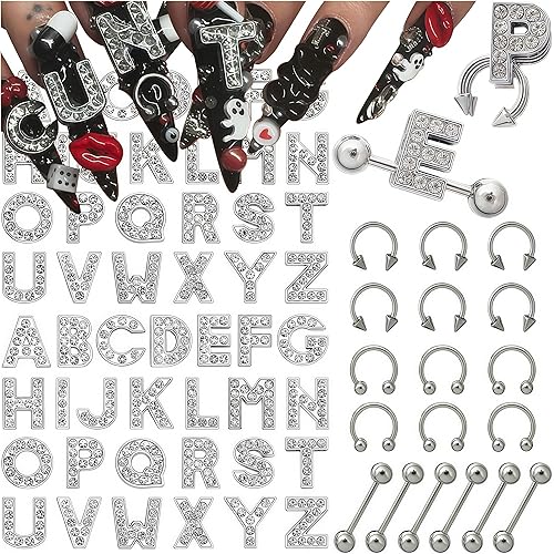 70PCS Nail Charms Alloy Sliver Large Letters Charm Piercing Nail Charms for Nails Design，3D Y2k Nail Jewels Bulk Nail Art Decor Set