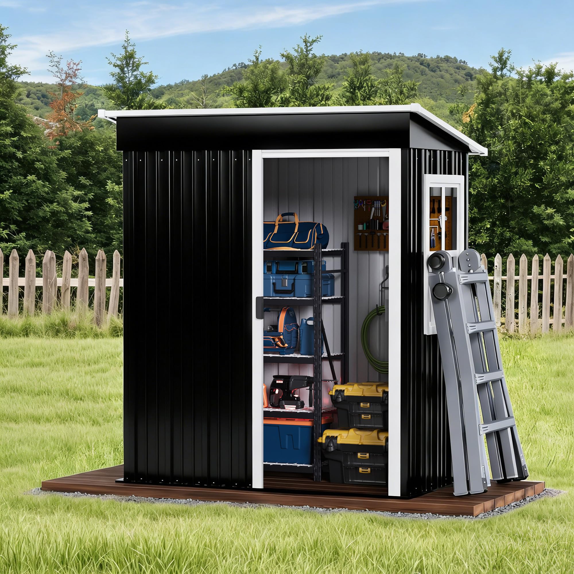 5x3 FT Metal Shed Garden Storage, Garden Shed, Waterproof Galvanized Steel with Window, Outdoor Lean-to Shed with Sliding Door,Lock and Gloves for Patio, Garden, Backyard, Bike, Garbage,Bin (Black)