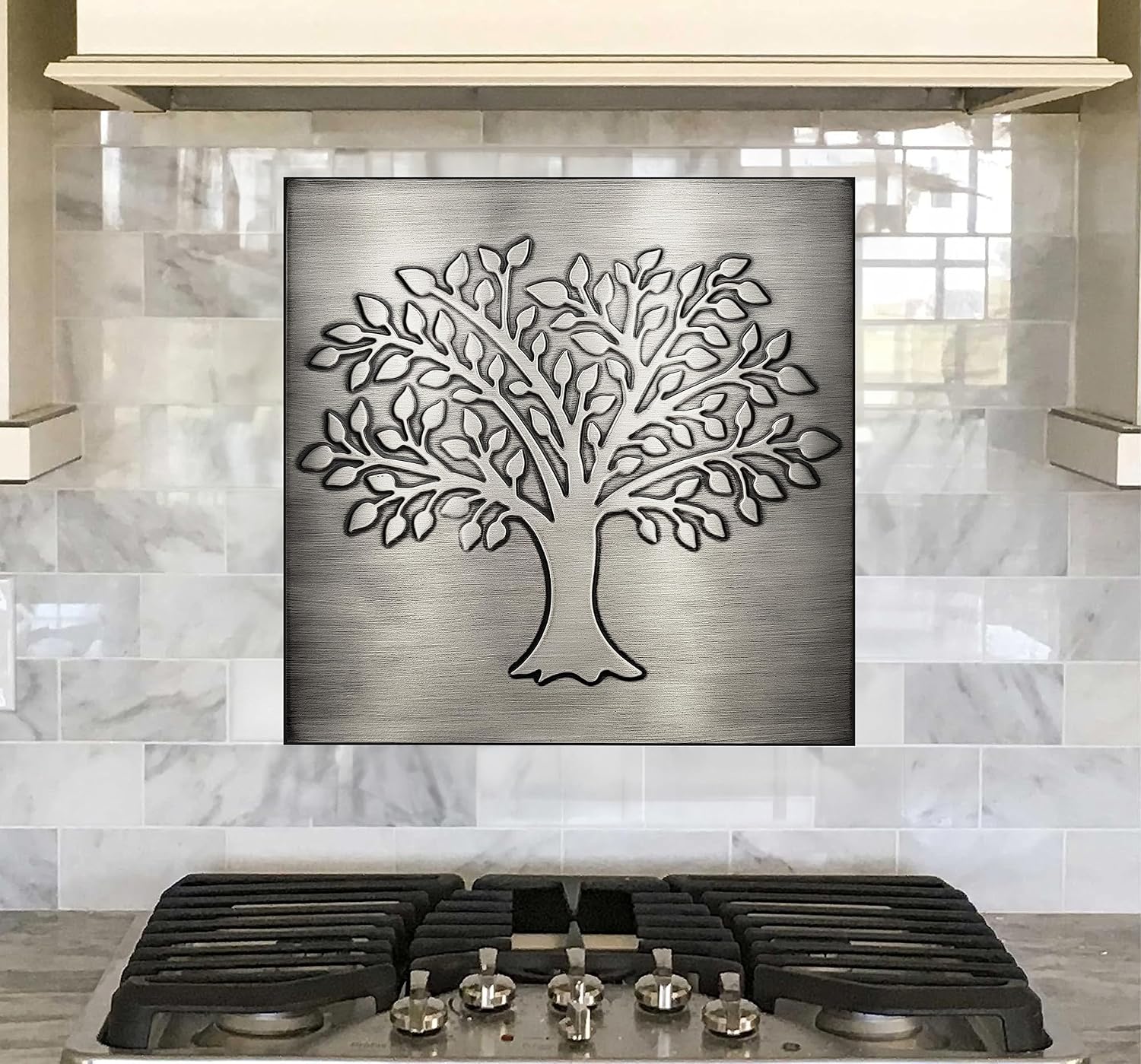 Handmade Steel Kitchen Backsplash Tiles - Tree of Life - 15.75 x 15.75 Set of 1 Decorative Metal Tiles for Premium Wall Decor, Mural Artwork, and More