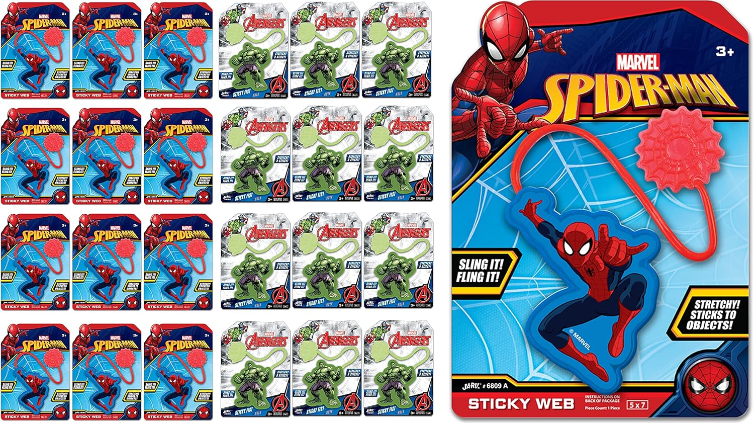 JA-RU Marvel Spiderman & Hulk Sticky Stretchy Fidget Toy (24 Units) Just Like Sticky Hands for Kids Bulk Treasure Box Toys for Classroom Prizes. Kids Goodie Bag Stuffers. AB-6809-24