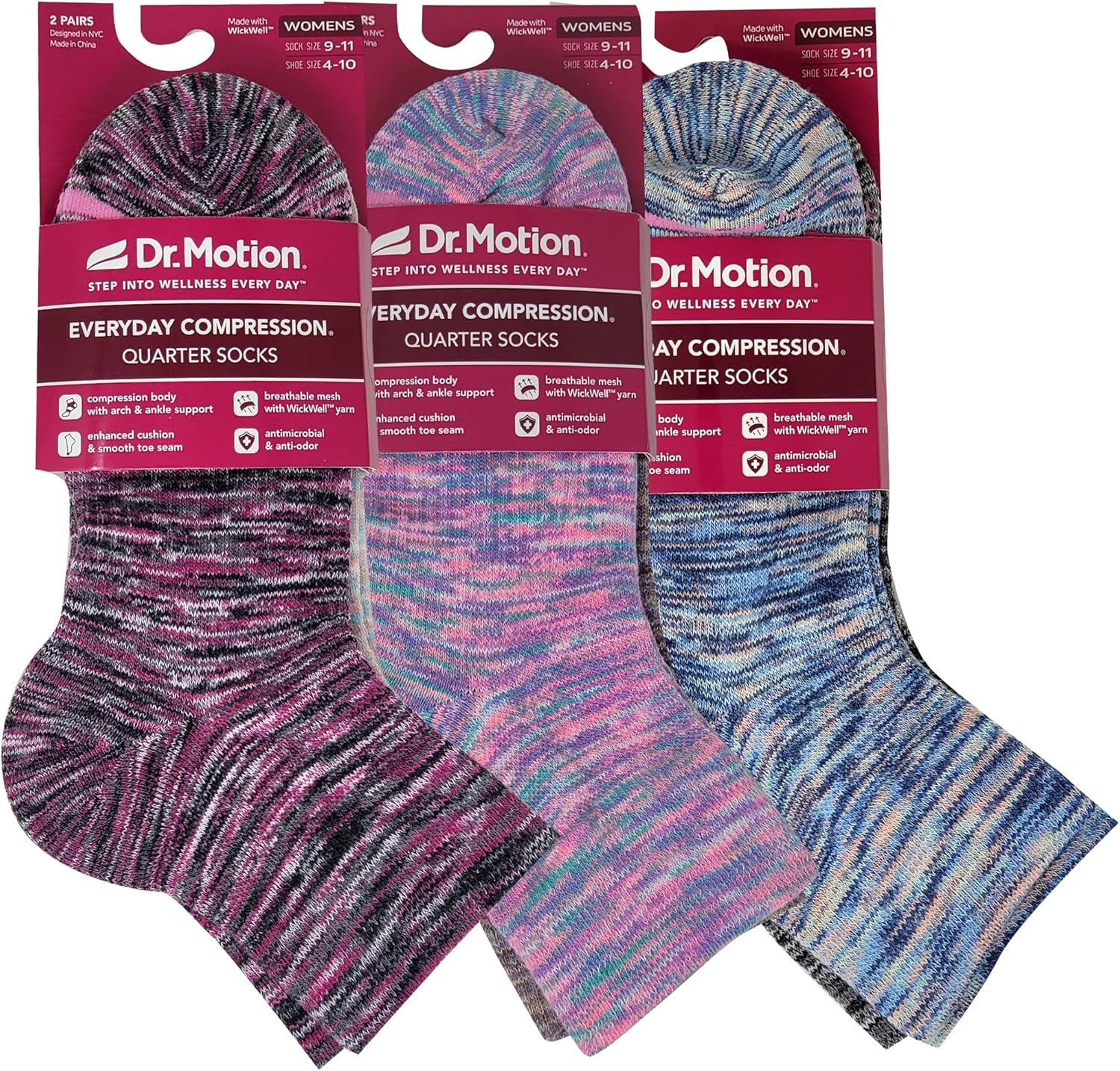 Dr. Motion Compression Quarter Socks For Women With Enhanced Cushion And Breathable Arch Support 6 Pairs