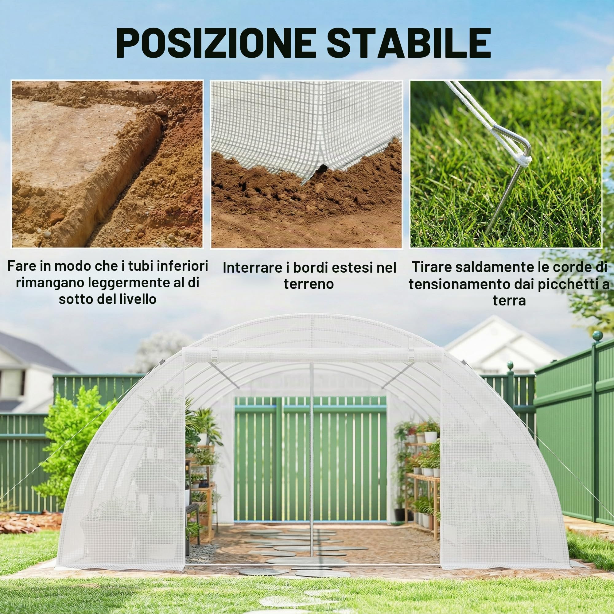 Outsunny Serra da esterno 6x4x2 m, Serra a tunnel con 2 aste di supporto, porte avvolgibili, finestre con rete, copertura in PE e telaio in acciaio zincato, anti-UV, impermeabile, bianca