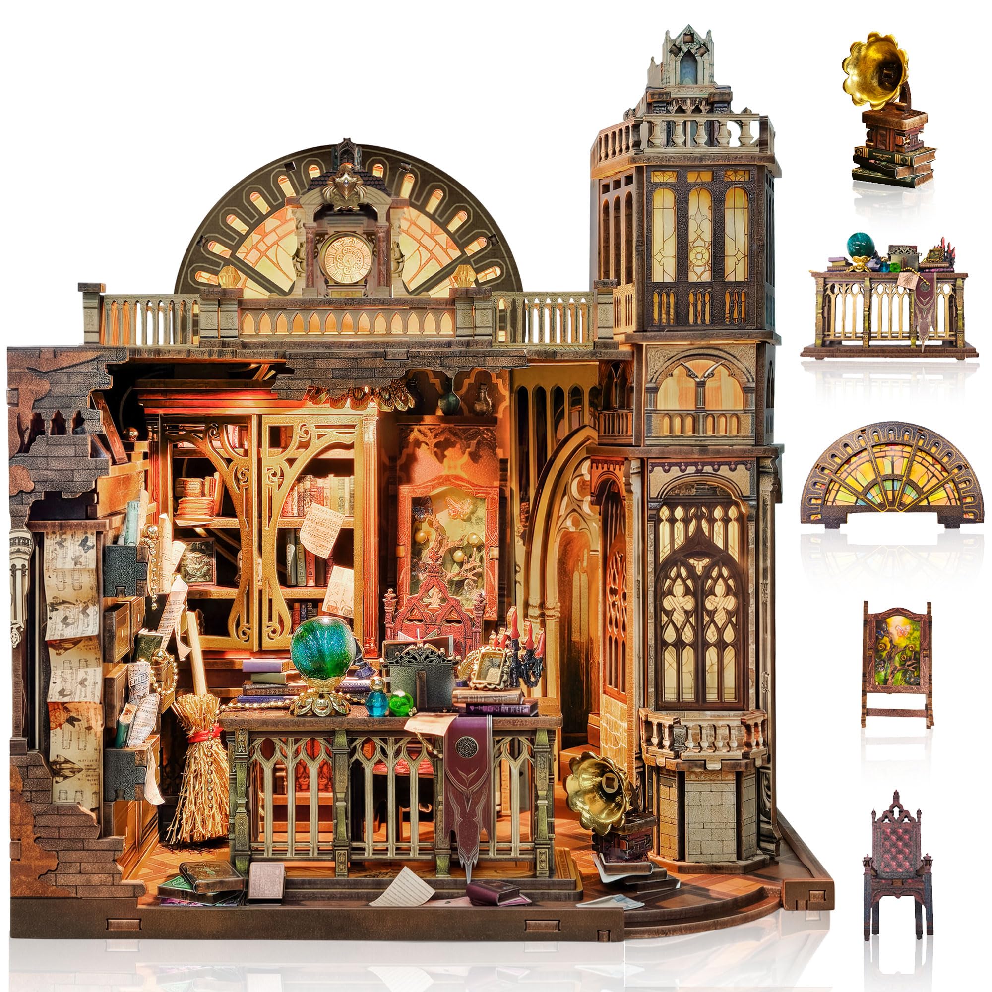 CRIOLPO Book Nook Kits for Adults - Wizard Library Bookshelf Decor DIY Miniature House Kit Craft Kits for Adults Booknook Model Kits Tiny House Arts and Crafts with LED Lights