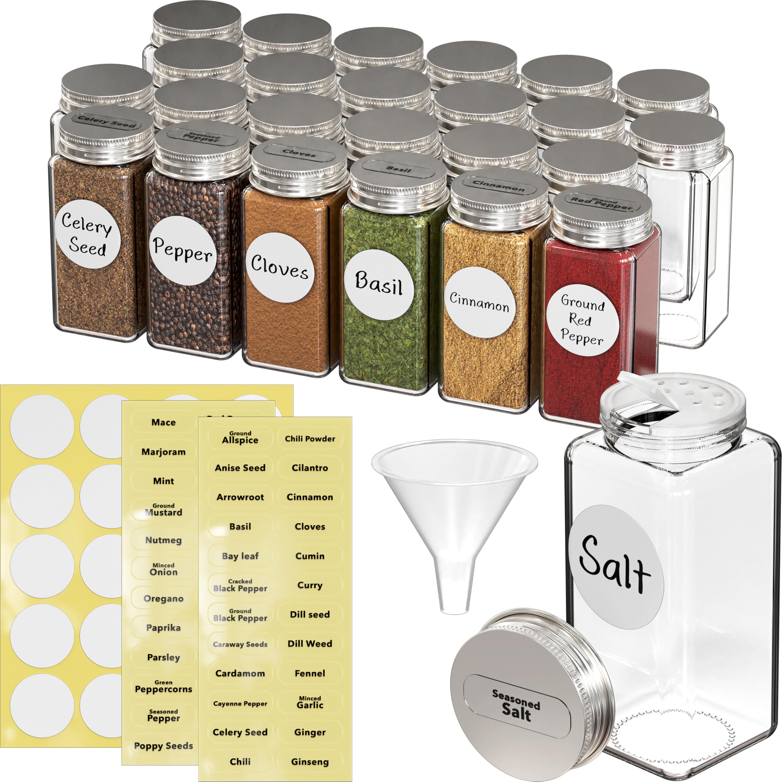 Simple Houseware Gewürzgläser, quadratische 4-Unzen-Flaschen mit Etiketten | 118 ml, mit Streudeckel, Trichter und Etiketten zum Würzen und Aufbewahren