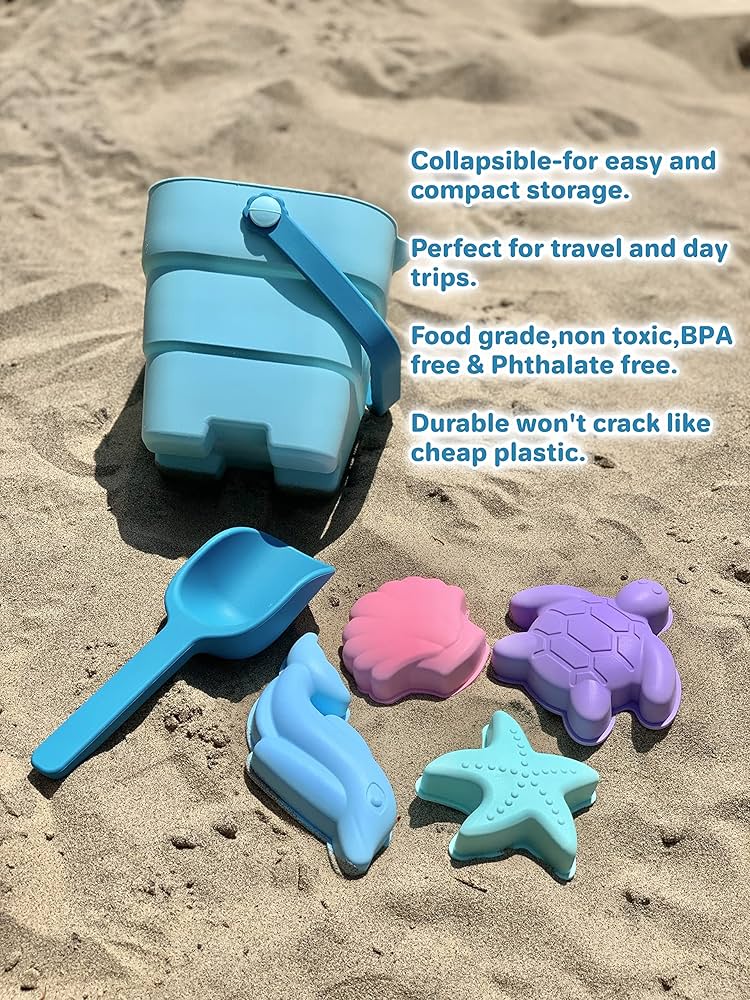 Beach Games TOY Life Collapsible Beach Toys For Kids With 4 Silicone Collapsible Sand Buckets & 8 Shovels & Mesh Bag, Travel Beach Essentials For Kids Sand Toys Toddlers, Sandbox Toys For