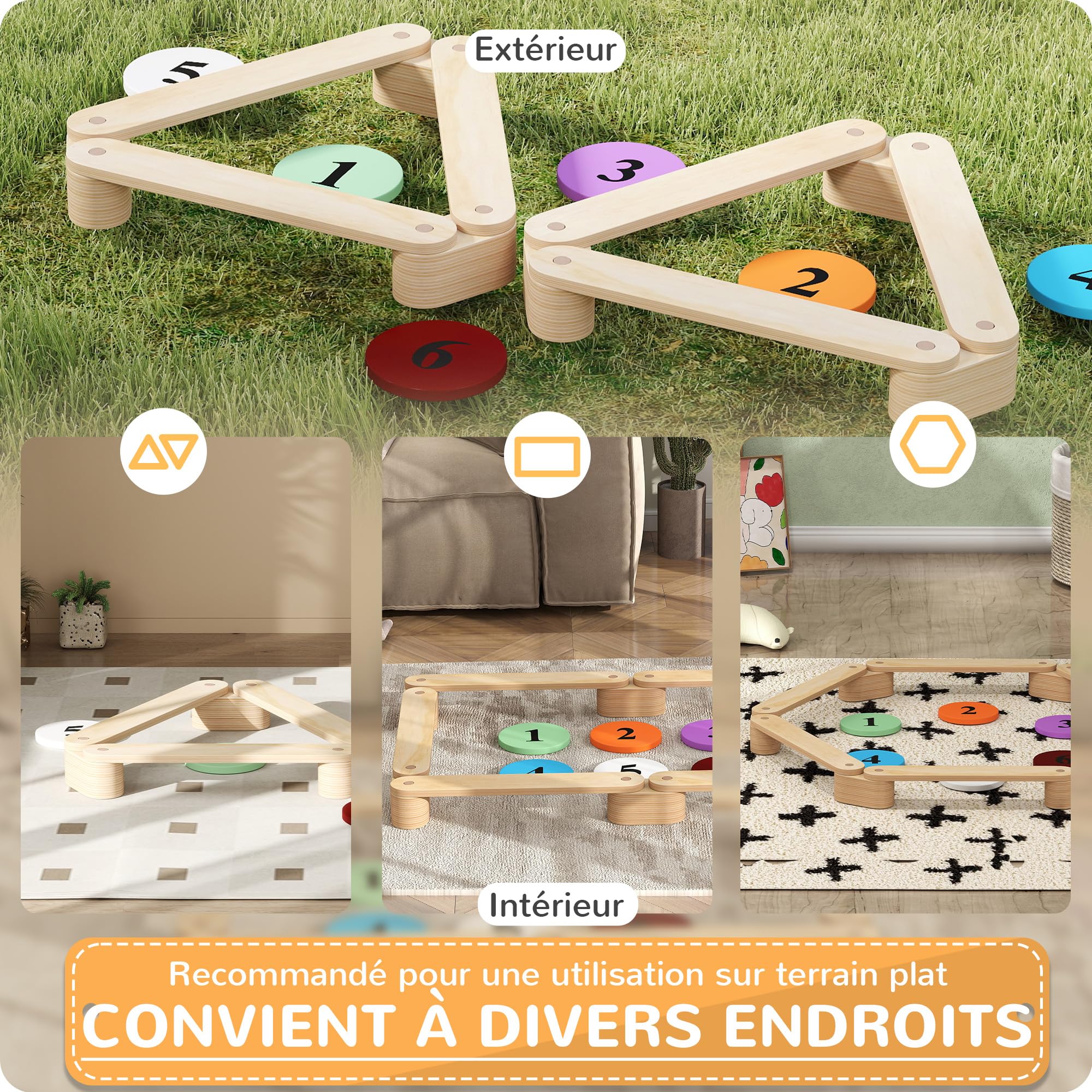 AIYAPLAY Poutre d'Équilibre pour Enfants, Modulable, Bois Massif de Pin, Parcours de Motricité, 6 Pièces pour Intérieur et Extérieur, Jouet Montessori d'Entraînement d'Équilibre, Charge 50 kg, Naturel