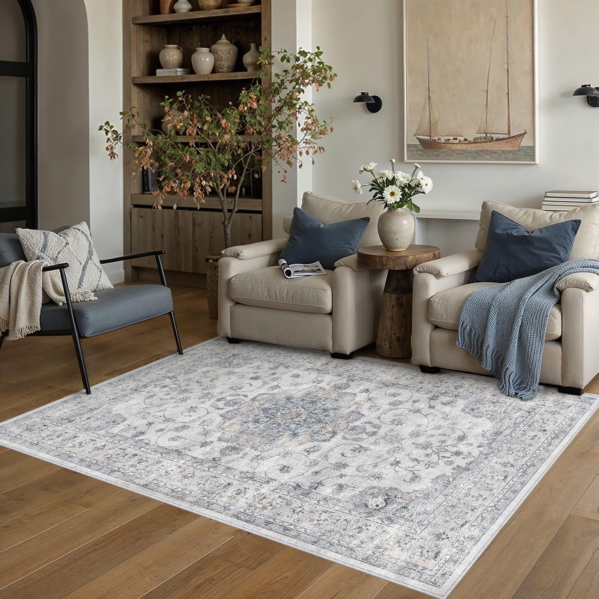 hugear machine washable area rugs 4x6 vintage blue living room rug neutral style non slip stain resistant low pile throw carpet for office home retro aesthetic modern decor