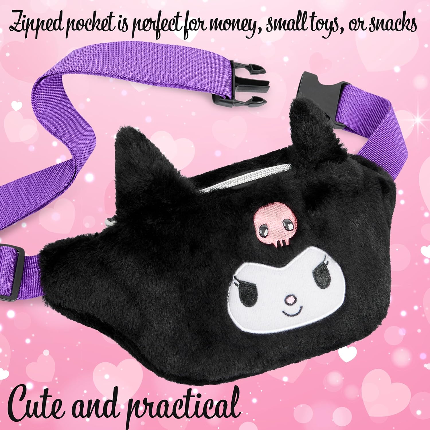Hello Kitty Womens Fanny Pack, Plush Waist Bag with Adjustable Strap, Kawaii Waist Pouch for Phone Money, Cute Gifts for Her (Black)
