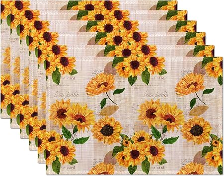 Sunflowers Placemats Set of 6,Table Mats Heat Resistant Washable Placemat for Party Kitchen Dining Table Decoration Indoor Outdoor