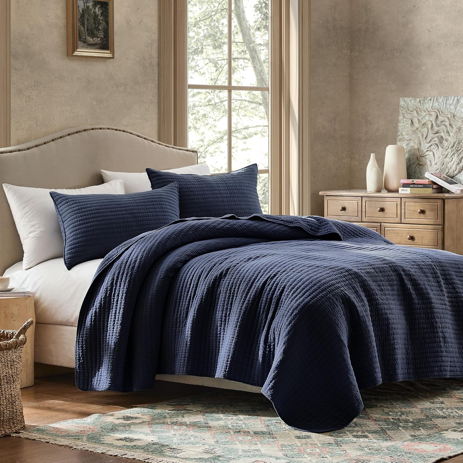 WDCOZY 100% Cotton Twin Size Quilt Set - Navy Blue Striped Pick Stitch Soft Lightweight Bedspread, Textured Like Linen, Farmhouse Country Rustic Coverlet, Shabby Chic Gauze Bedding, 2 Pieces - Image 5
