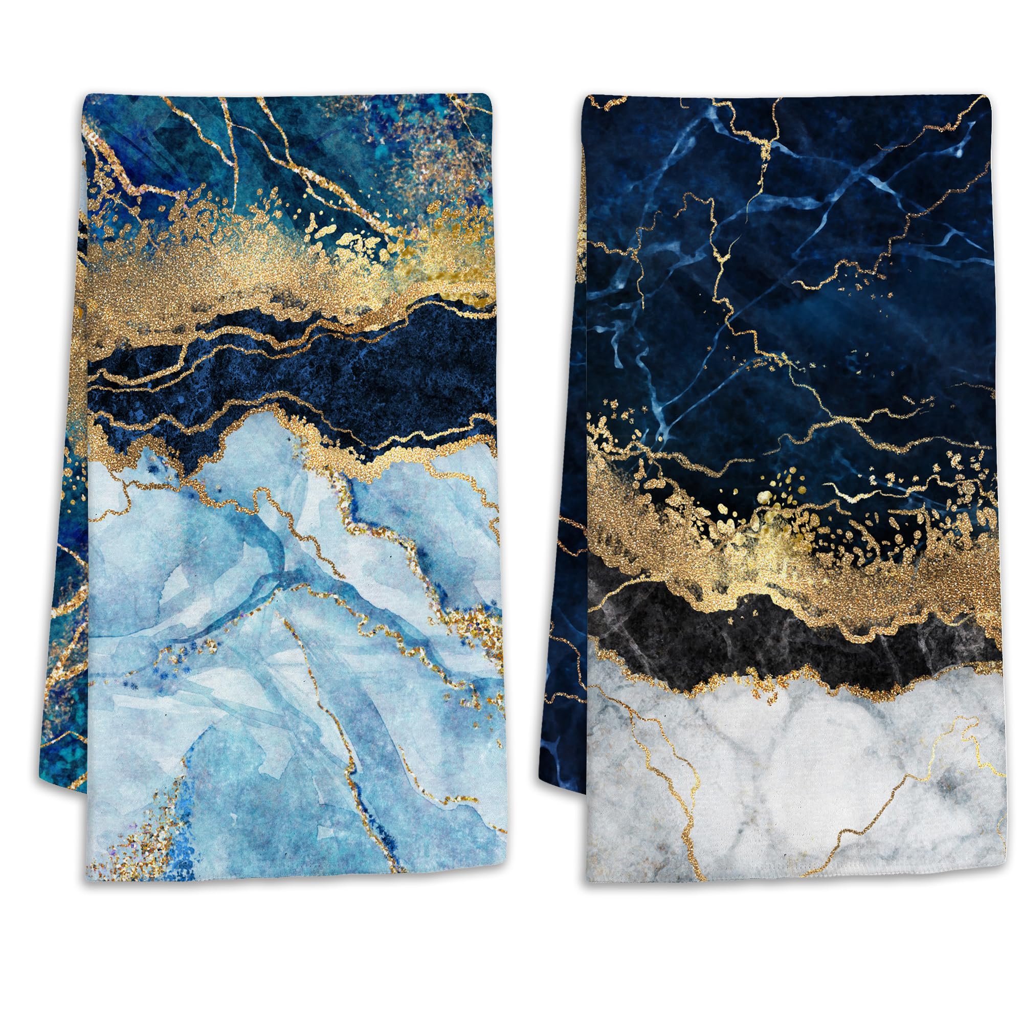 2 Pcs Blue Gold Marble Hand Towels Absorbent Soft Bath Towels for Kitchen Bathroom Hotel Gym Spa 18" x 24"