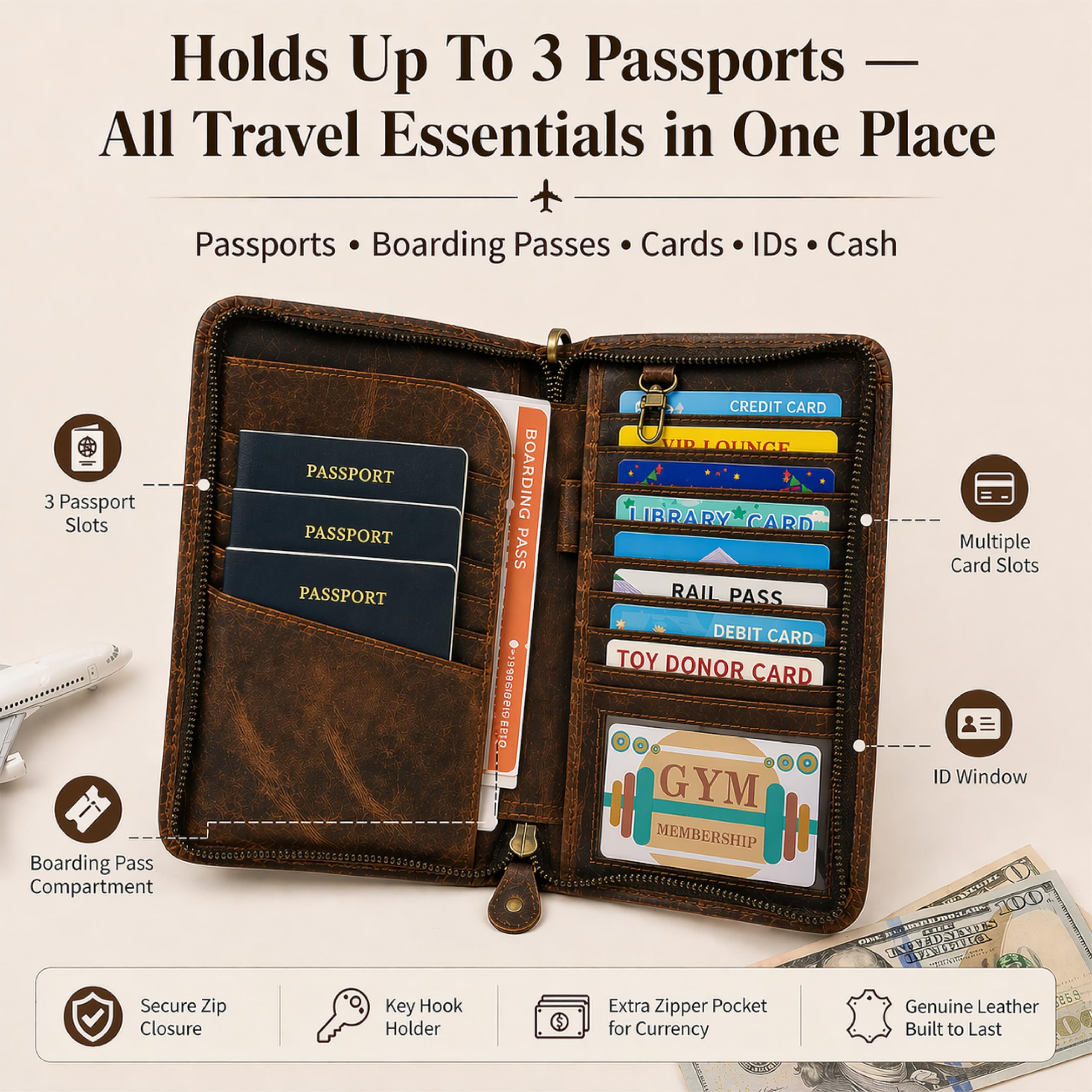 TheAntiq Porta passaporto in pelle, organizer per documenti da viaggio con scomparti per carte di credito, Porta passaporto famiglia in pelle marrone, Standard, Porta passaporto in vera pelle marrone