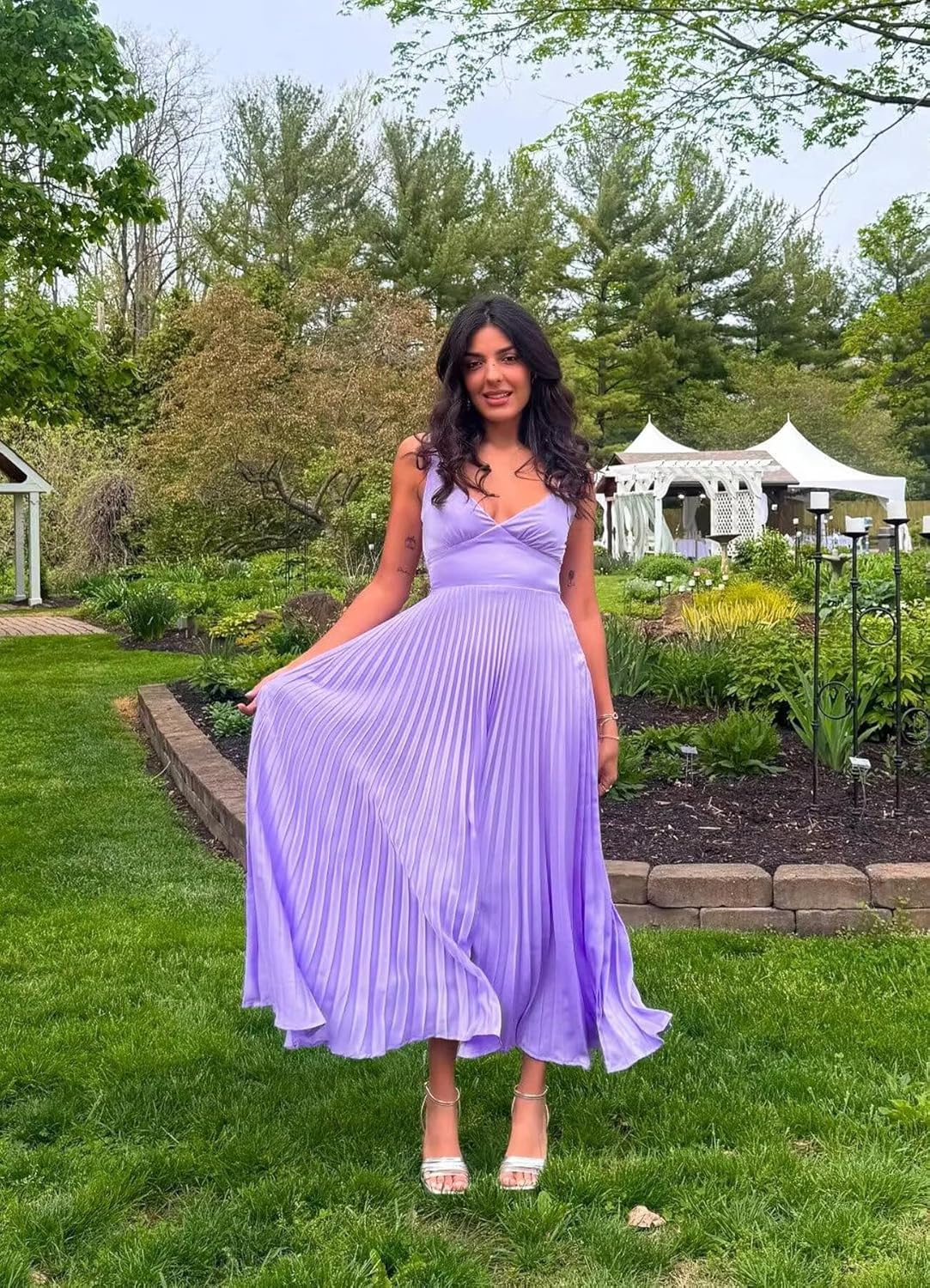 Bridesmaid Dresses V Neck Pleated Maxi Prom Dresses for Women Satin Wedding Guest Dresses - Image 4