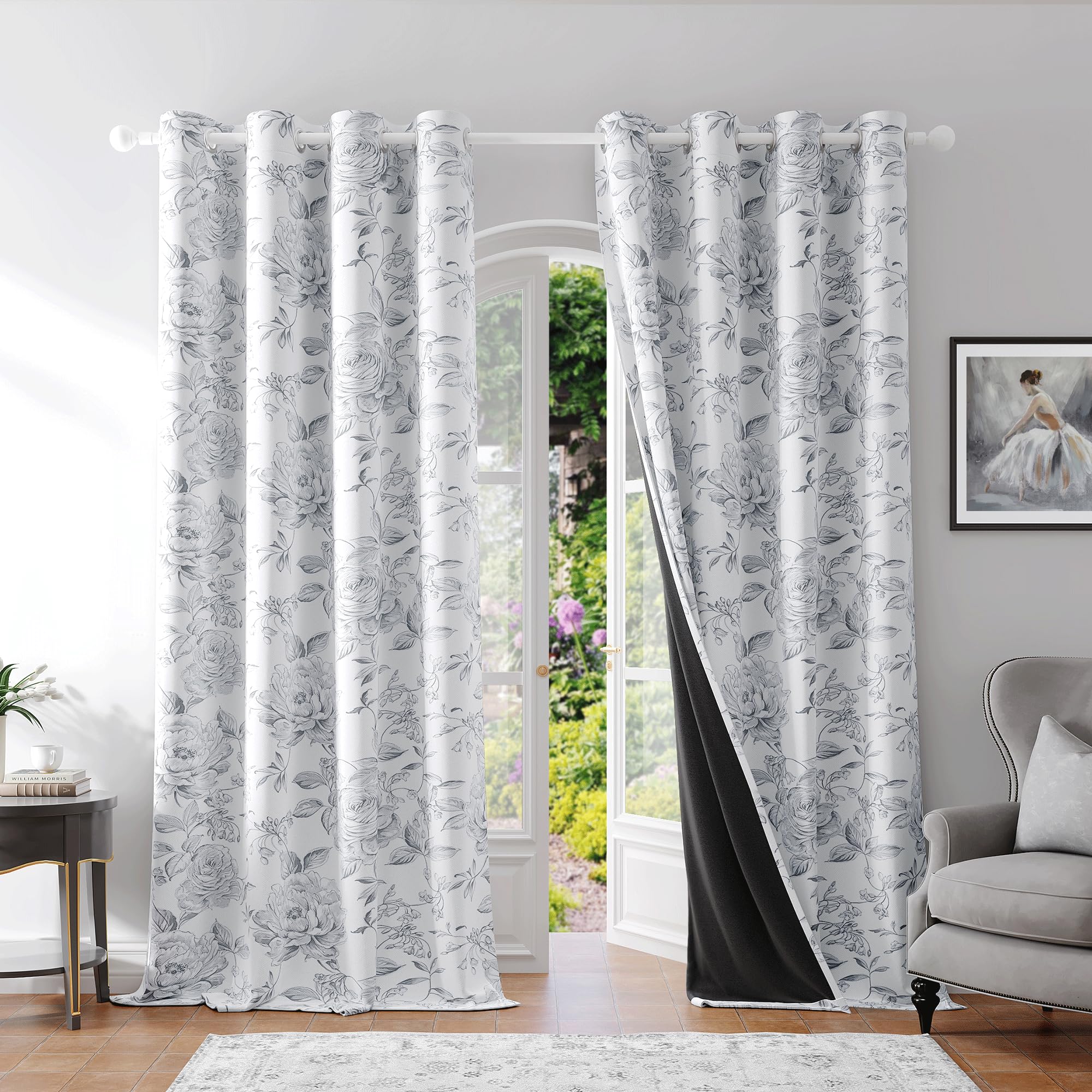Beauoop Floral 100% Blackout Curtains 90 Inches Long 2 Panels for Bedroom Living Room Grey White Farmhouse Rose Flower Patterned Room Darkening