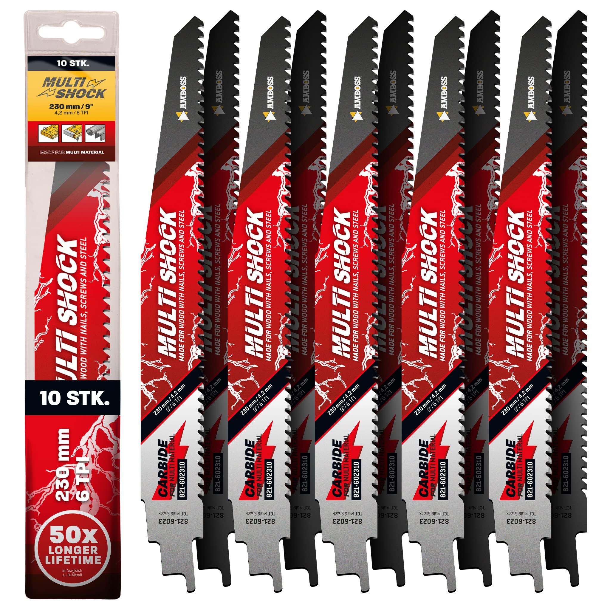 AMBOSS MULTI SHOCK – 10 x brzeszczot do piły szablastej długość 230 mm / 6 ZpZ – idealny do drewna z gwoździami i drewnem ze śrubami oraz stalą – wiele materiałów