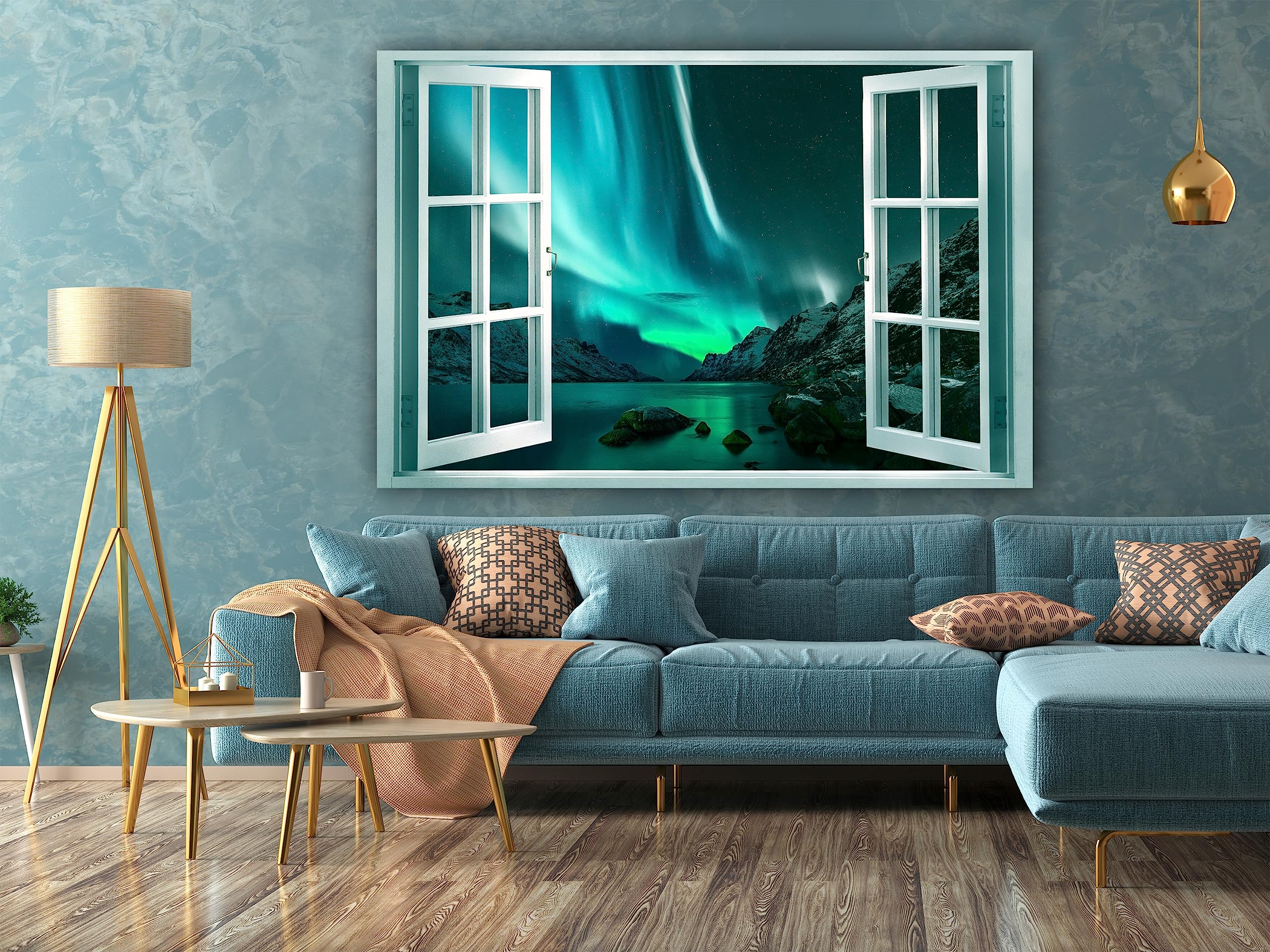 artgeist Acoustic Canvas Wall Art Print Window View 35x24 in - 1pcs Picture with Acoustic Foam Sound Print Artwork Room Acoustics Soundproofing Landscape Aurora Borealis Nothern lights c-C-10083-b-a