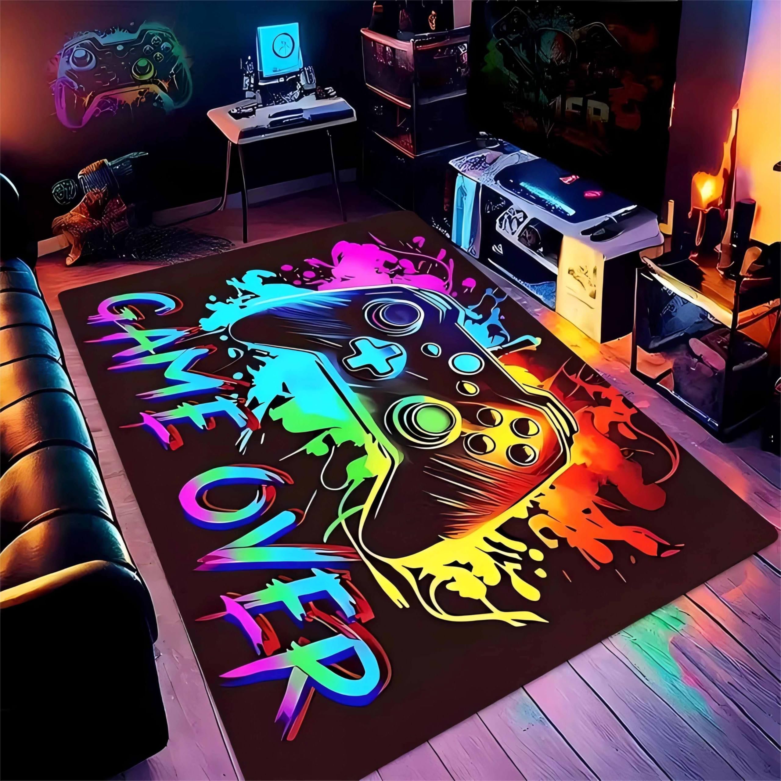 USHIRUG Large Gaming Area Rug, 140x200cm Colorful Graffiti Game Controller Boys Room Decor Mat, Non-Slip Washable Fade-Resistant Carpet for Living Room Game Room Bedroom Bedside Home Decor