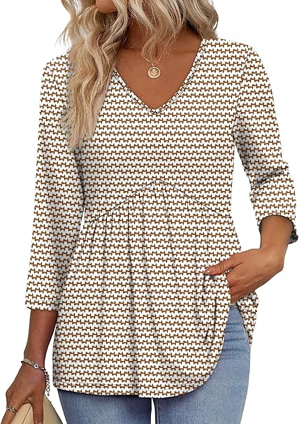 3/4 Length Sleeve Womens Tops 2025 Blouses for Women Dressy Casual Fashion Clothing V Neck Babydoll Tops Fall Outfits