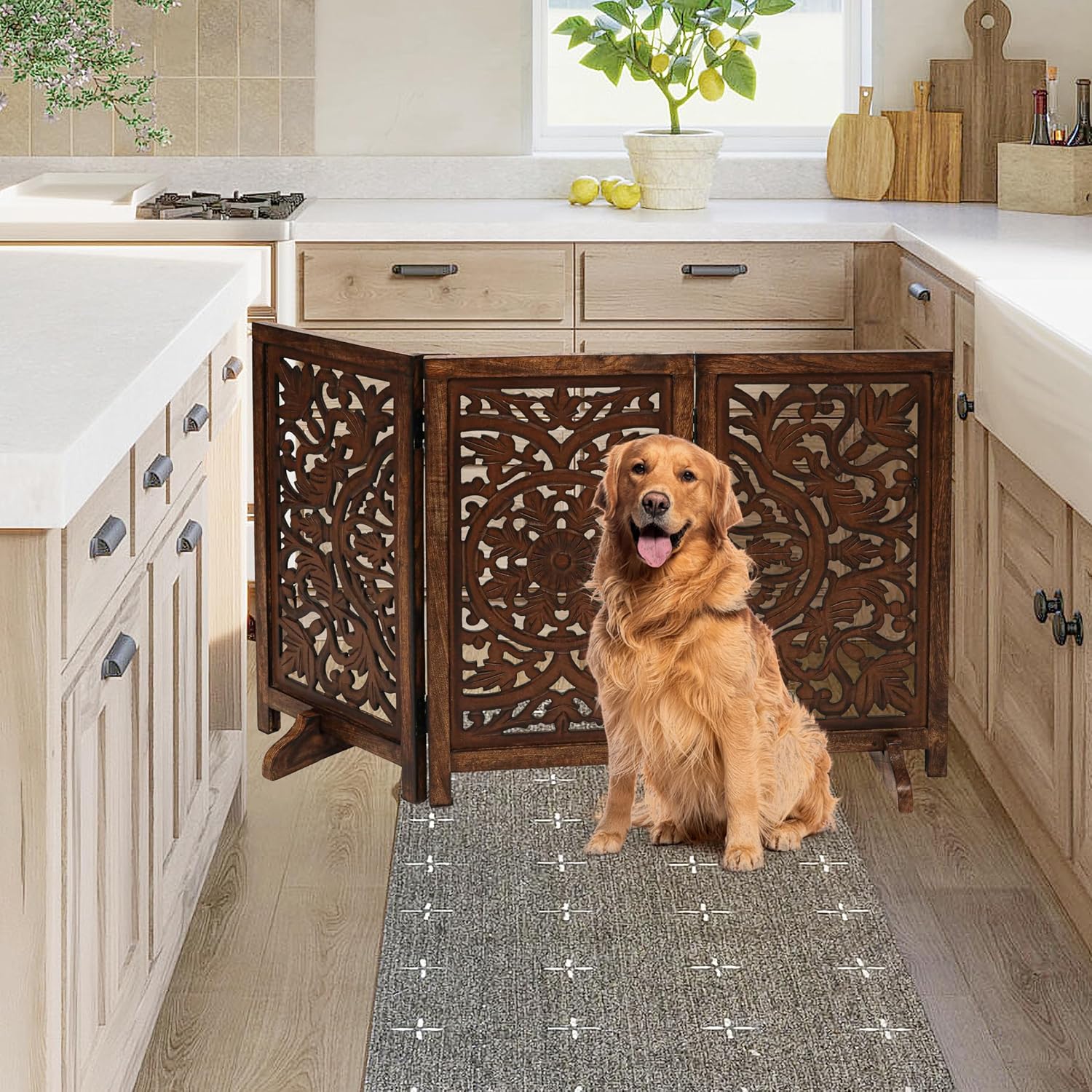 Freestanding Pet Gate for Dogs, Foldable Wooden Dog Gate for House, Indoor Dog Gate for Stair, Doorway, Circle Design Gates for Dogs Indoor, 48 Inch Wide, (16" x3 Panels =48 inch), Burnt Finish
