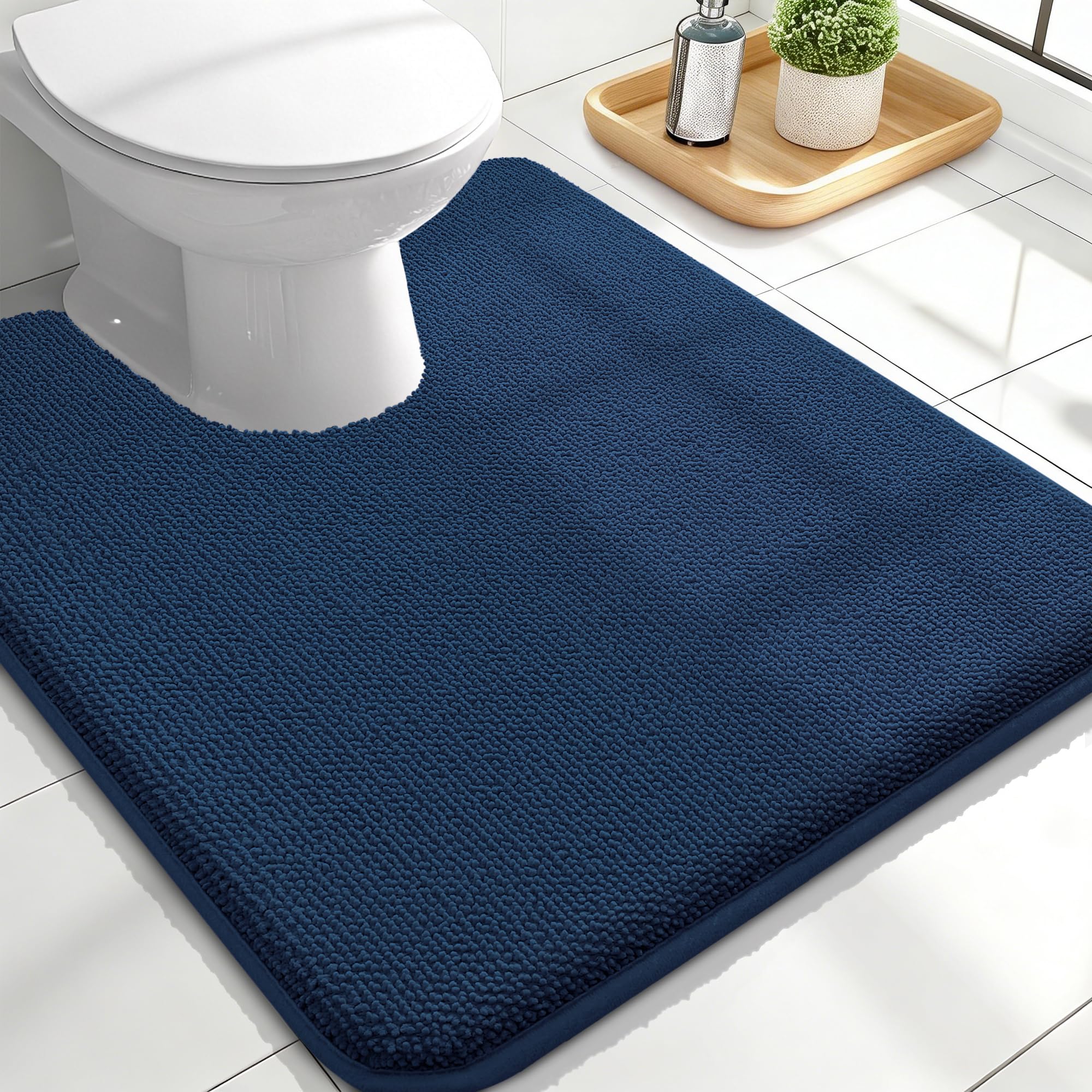 OLANLY Memory Foam Bathroom Toilet Rugs U-Shaped 24x20, Soft Bath Mat, Navy