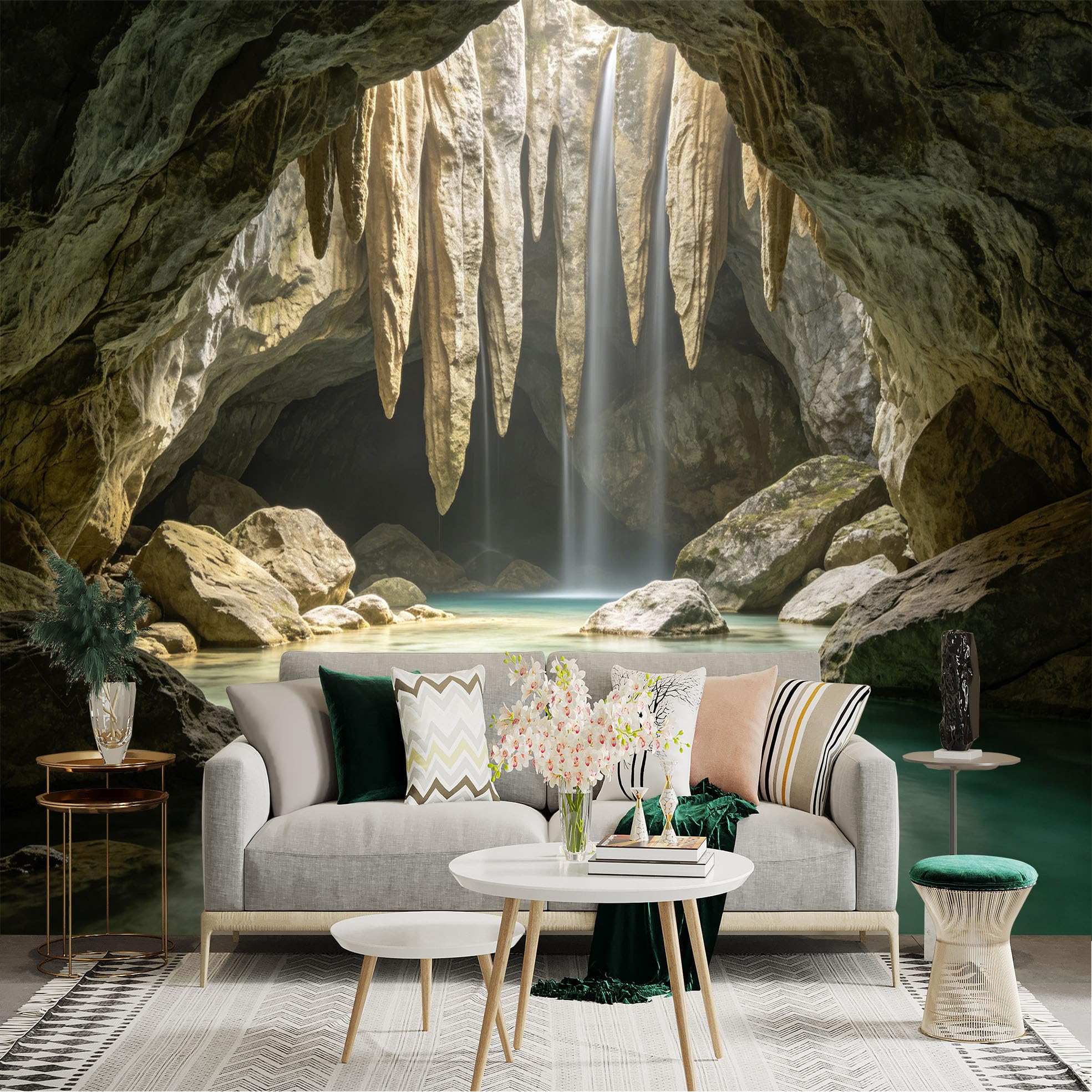Lnzczhyre Dbh260521818 Custom Size Wall Sticker Mural， Natural Cave Waterfall， Turquoise Pool， Majestic Stalactites， Serene Underground Landscape， For Wall Decoration， Peelandstick Wall Decals.