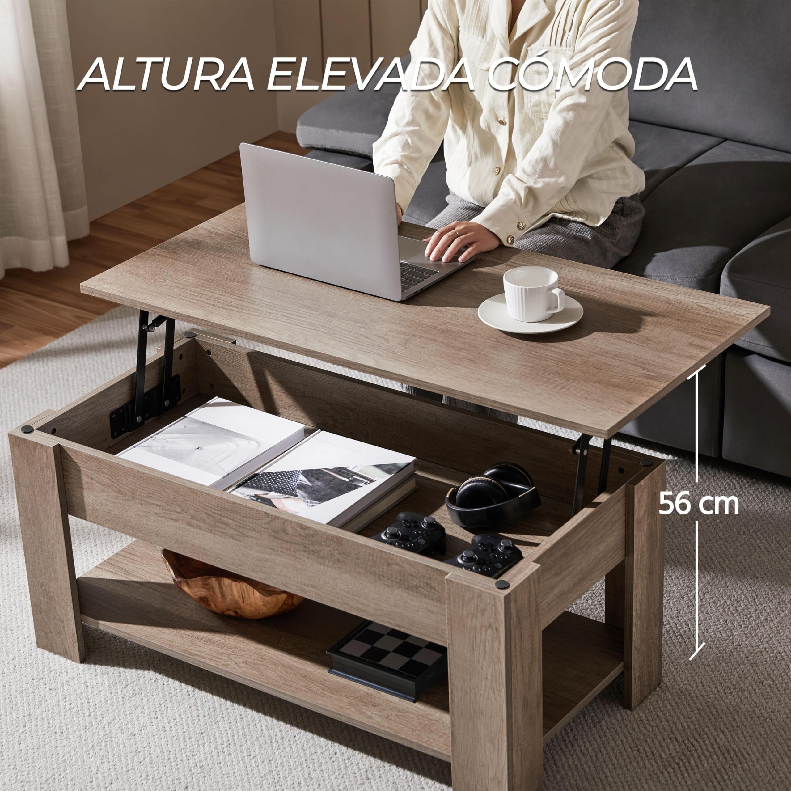 Yaheetech Tavolino da caffè sollevabile ed estensibile con portariviste 98 x 50 x (41,8 – 56) cm Tavolo da soggiorno o sala da pranzo, tavolino da caffè con ripiano nascosto grigio