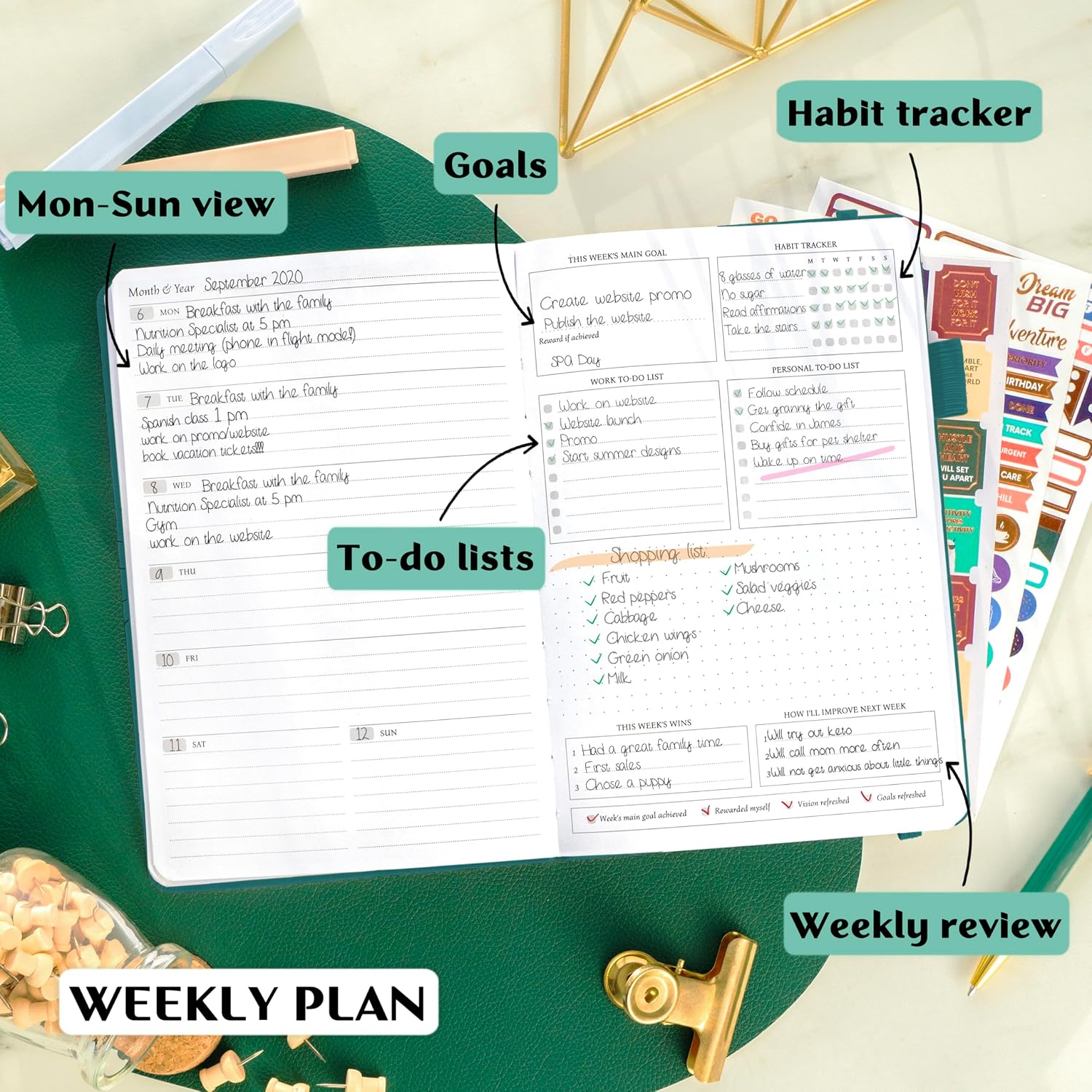 Legend Planner Undated, Weekly & Daily Goal Journal, A5 Viridian Green image 3