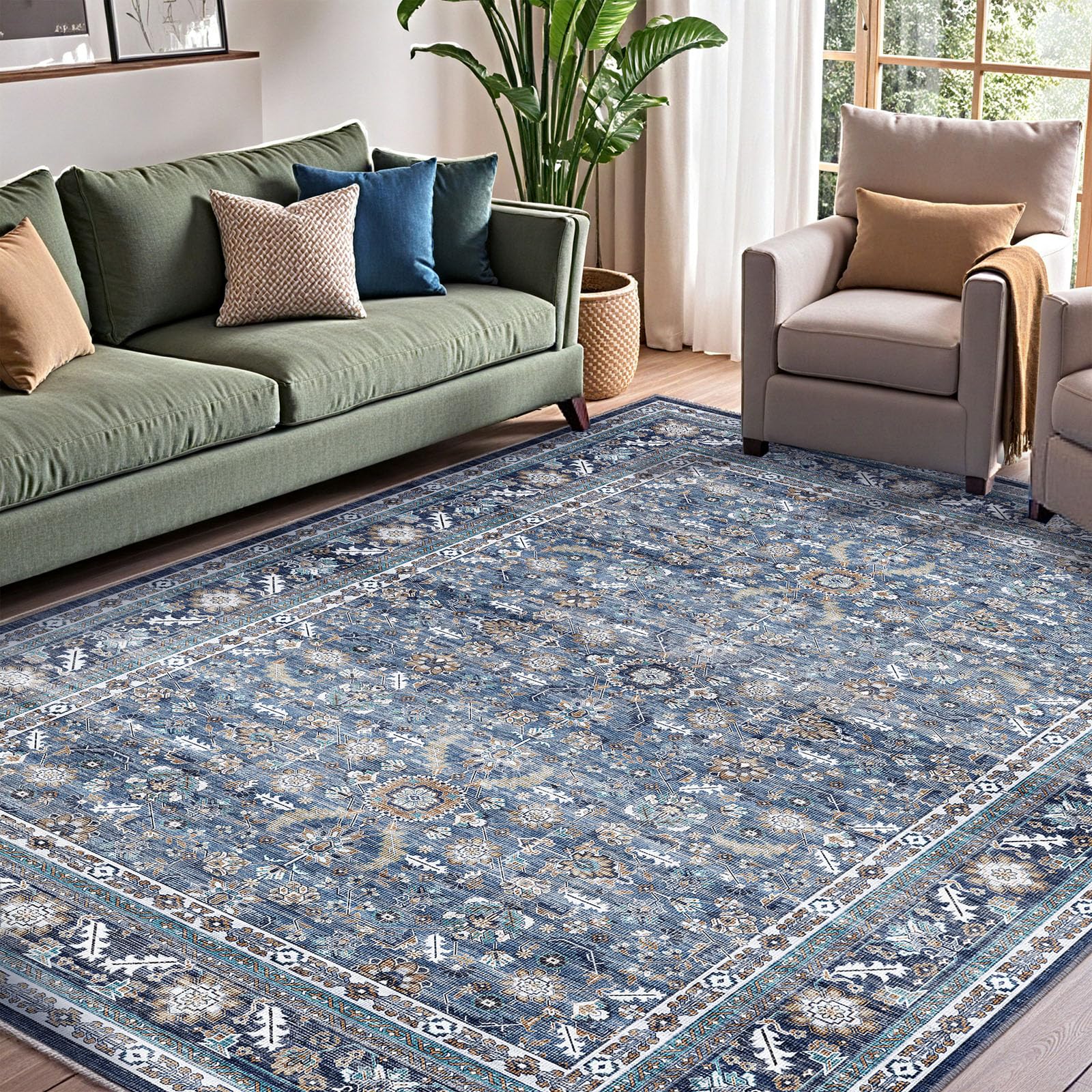 OPPODREAM Thin Vintage Blue Area Rugs 8x10, 8 x 10 Retro Washable Rug Non Slip, Low-Pile Faux Wool Carpet, Distressed Navy Floor Mat for Living Room,