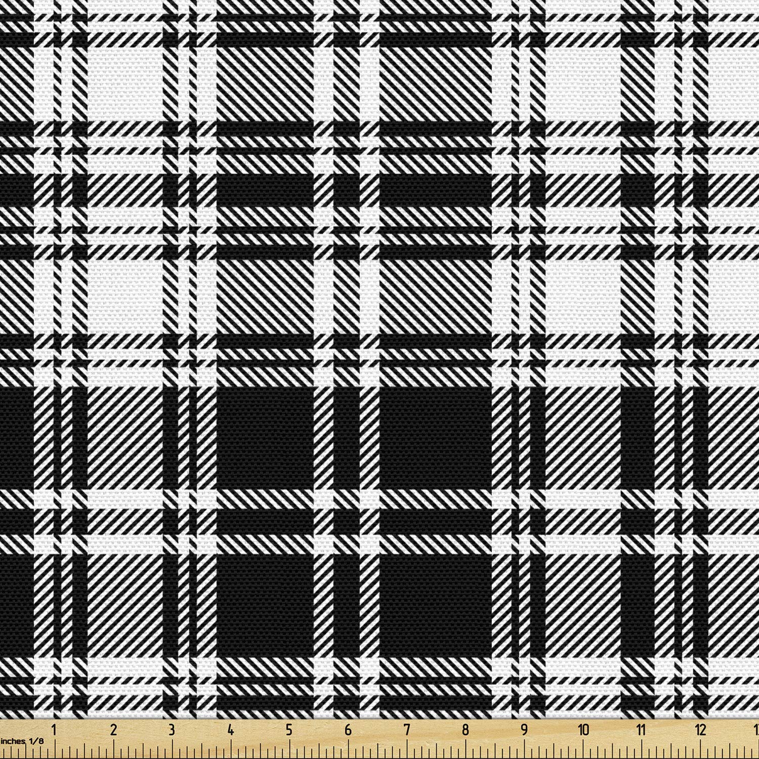 Lunarable Plaid Fabric by The Yard, Monochrome Style Vintage English Stripes and Checks Pattern Abstract Grunge Look, Decorative Fabric for Upholstery and Home Accents, 2 Yards, Black and White