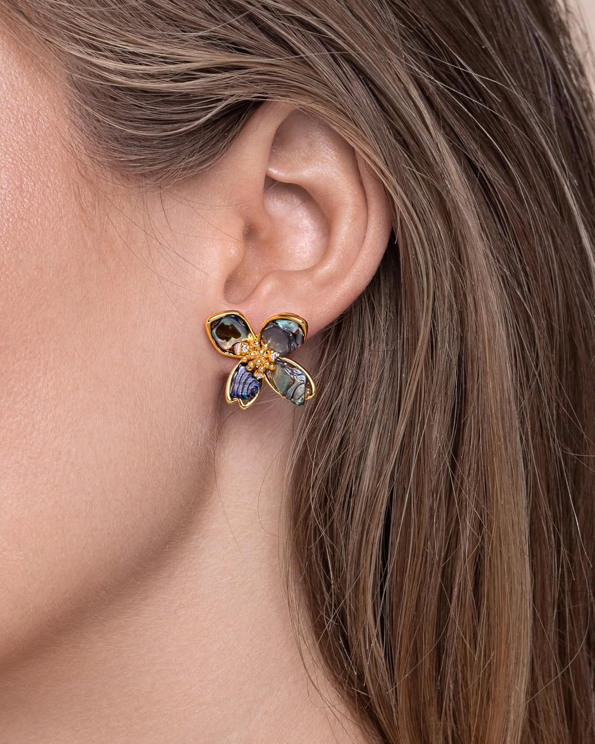 18K Gold Plated Mother of Pearl Flower Stud Statement Earrings for Women by SNGIA, Dainty Bold Retro Handmade Trendy Natural Sea Abalone Shell Floral Bohemian Jewelry Gifts, Small Unique Baroque Turquoise Stone Summer Beach Fashion Earrings Accessories, Vintage Gemstone Nickle Free Huggies Earrings. - Image 4
