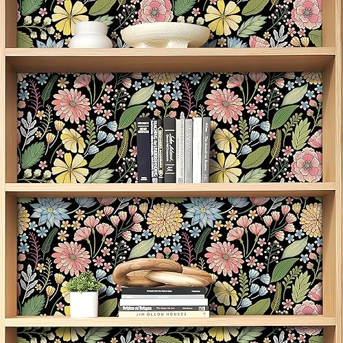 Miniatura 4 de FunStick Papel tapiz de flores negras, papel tapiz de margaritas vintage oscuras, para despegar y pegar, amarillo, rosa, verde, azul, autoadhesivo,