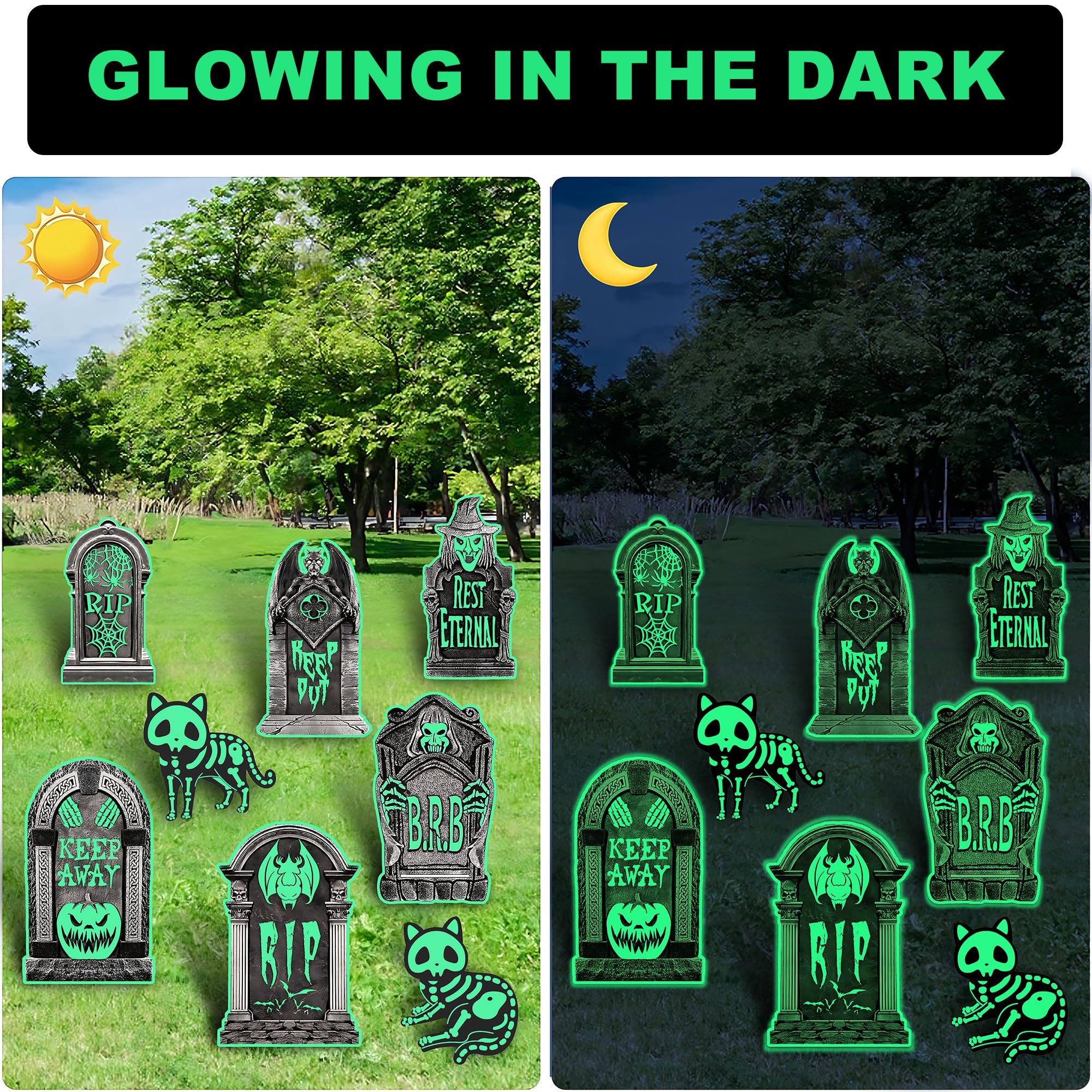 6 Pierres Pierre Tombale Halloween Fluorescence, 2 Pierres Chat Fluorescent, pour Pelouse de Lardin, Événements d'Halloween, Carnavals, Labyrinthes
