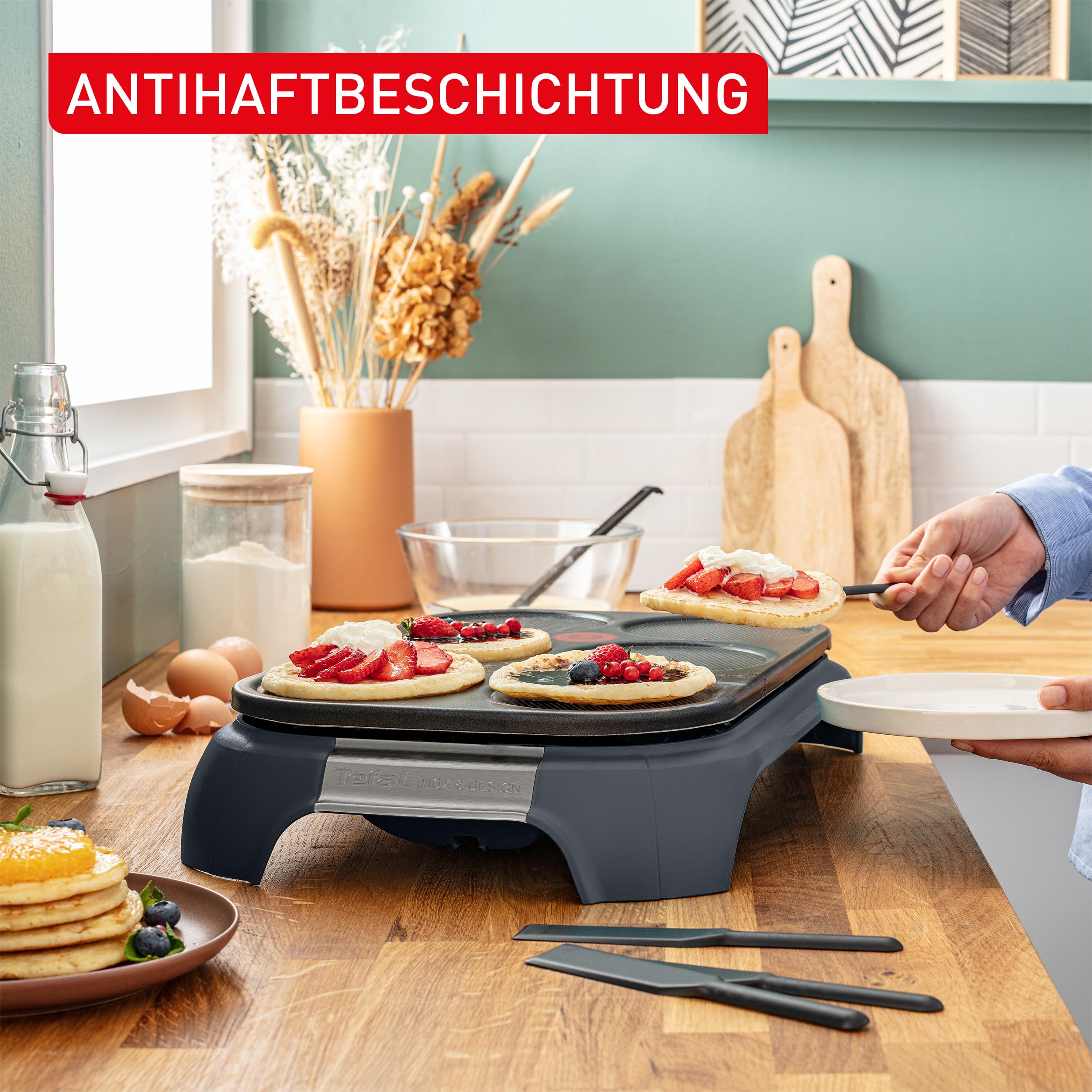 Tefal Crep'Party Crêpes- und Pancake-Maker, für 6 Personen, antihaftbeschichtete Platten, platzsparende Aufbewahrung, Thermo-Signal Temperaturindikator, Collector Design, Grau, PY558BF0