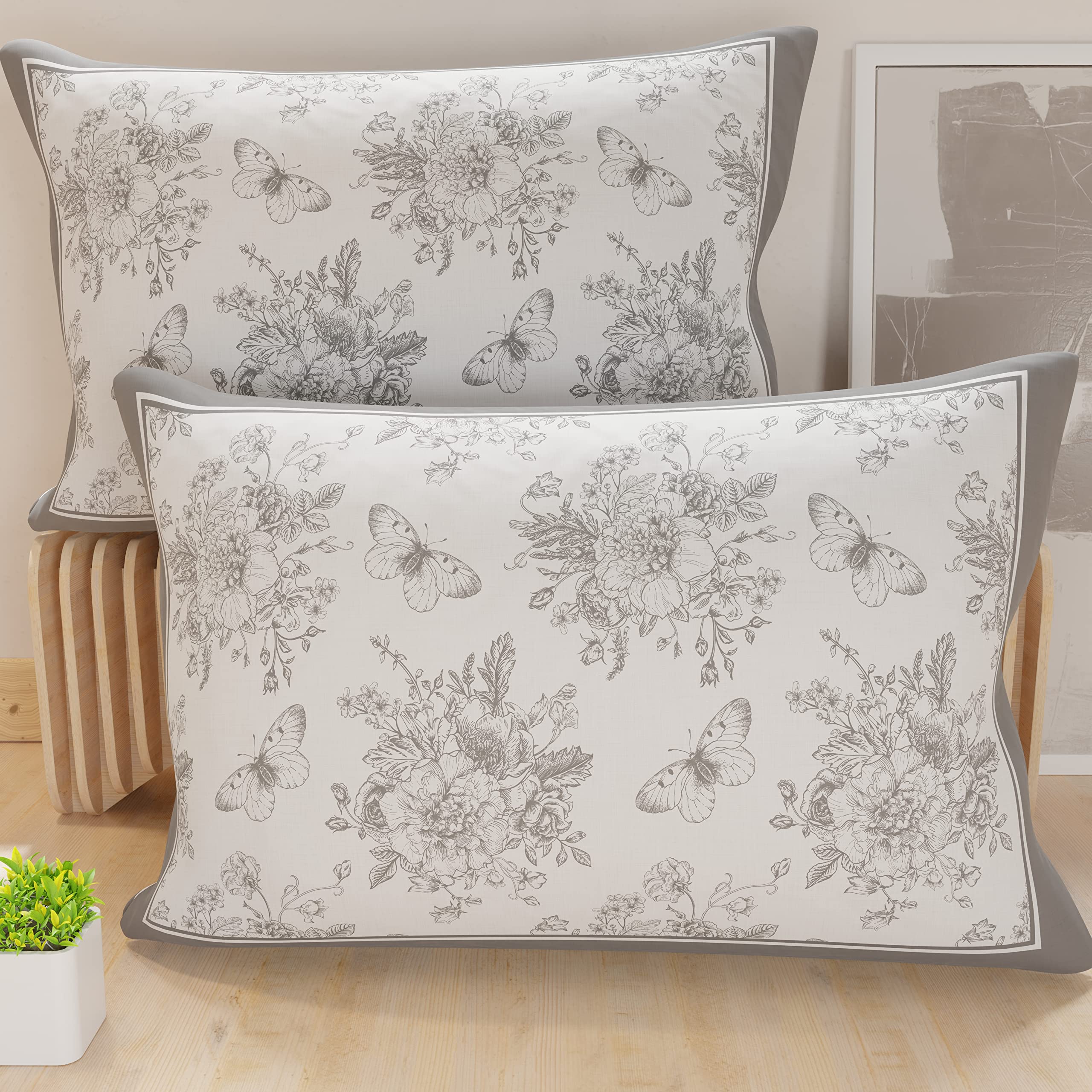 Federe, Federe Cuscini in Stampa Digitale, Azteco Silver, MS1093-09 2X Federe 52x82 cm, Botanic 03 Grey, 82 x 52 cm (Pack of 1)