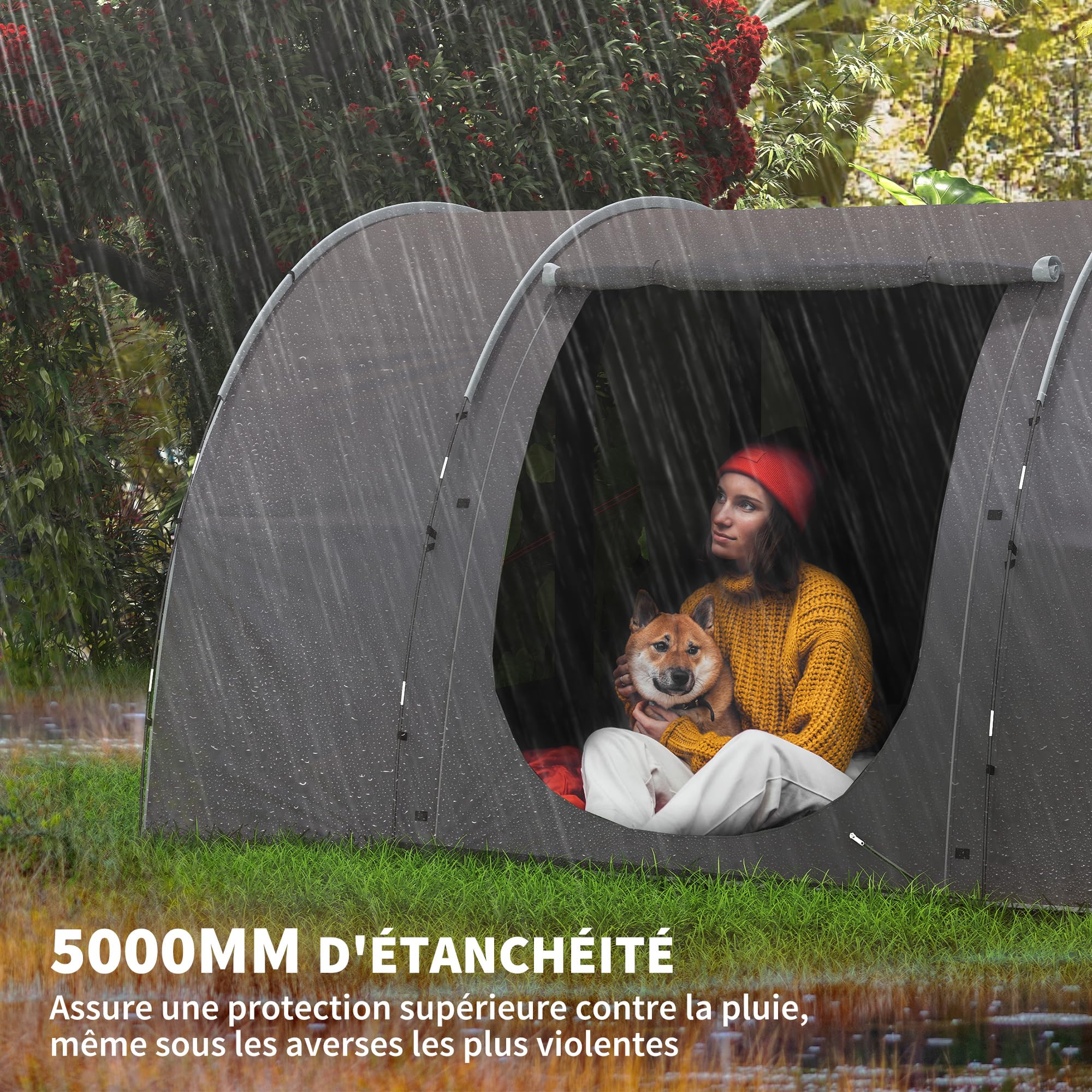 Outsunny Tente de Camping avec Porche pour 4 à 6 Personnes, Tente Tunnel familiale légère ventilée étanche 5 000 mm Montage Facile, Sac de Transport et Tapis Inclus, pour randonnée Trekking, Gris