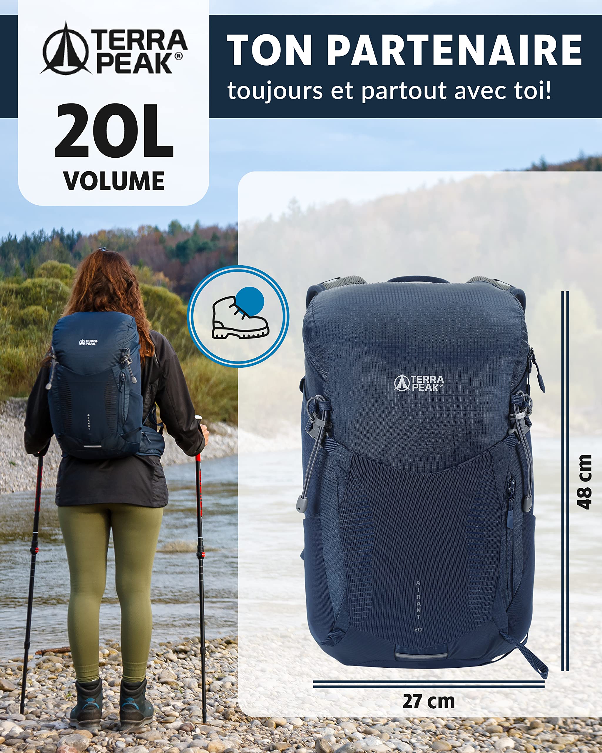 Terra Peak® Sac à dos de randonnée 20, 30, 40 L pour homme et femme (AIRANT) - Sac à dos de trekking, de voyage et d'alpinisme (ergonomique, imperméable) avec ventilation au niveau du dos (respirant)