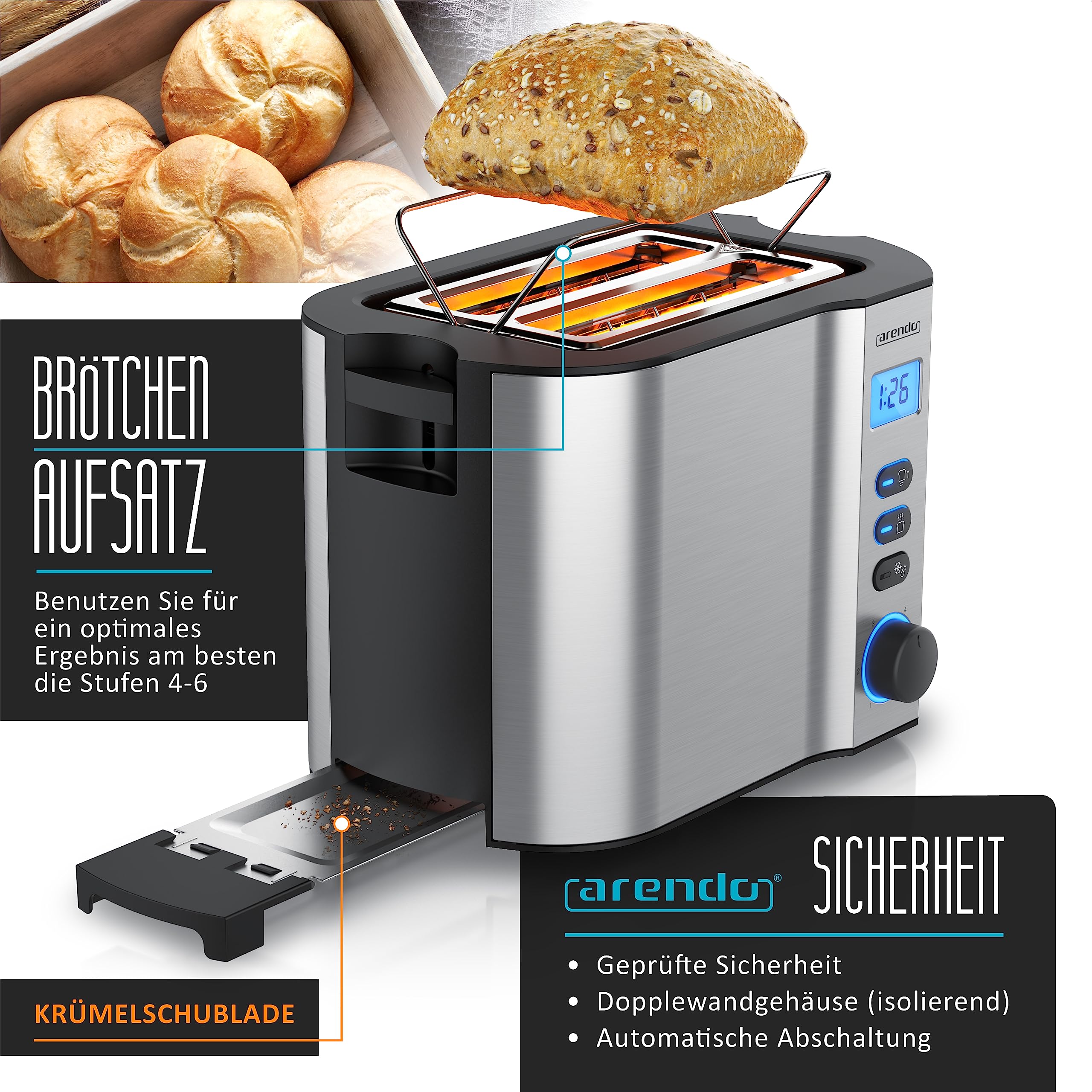 Arendo - Toaster 2 Scheiben Edelstahl mit Restzeitanzeige - 800 Watt - Doppelwandgehäuse - Integrierter Brötchenaufsatz - 6 Bräunungsgrade - kurz - Brotscheibenzentrierung – beleuchtetes LCD-Display