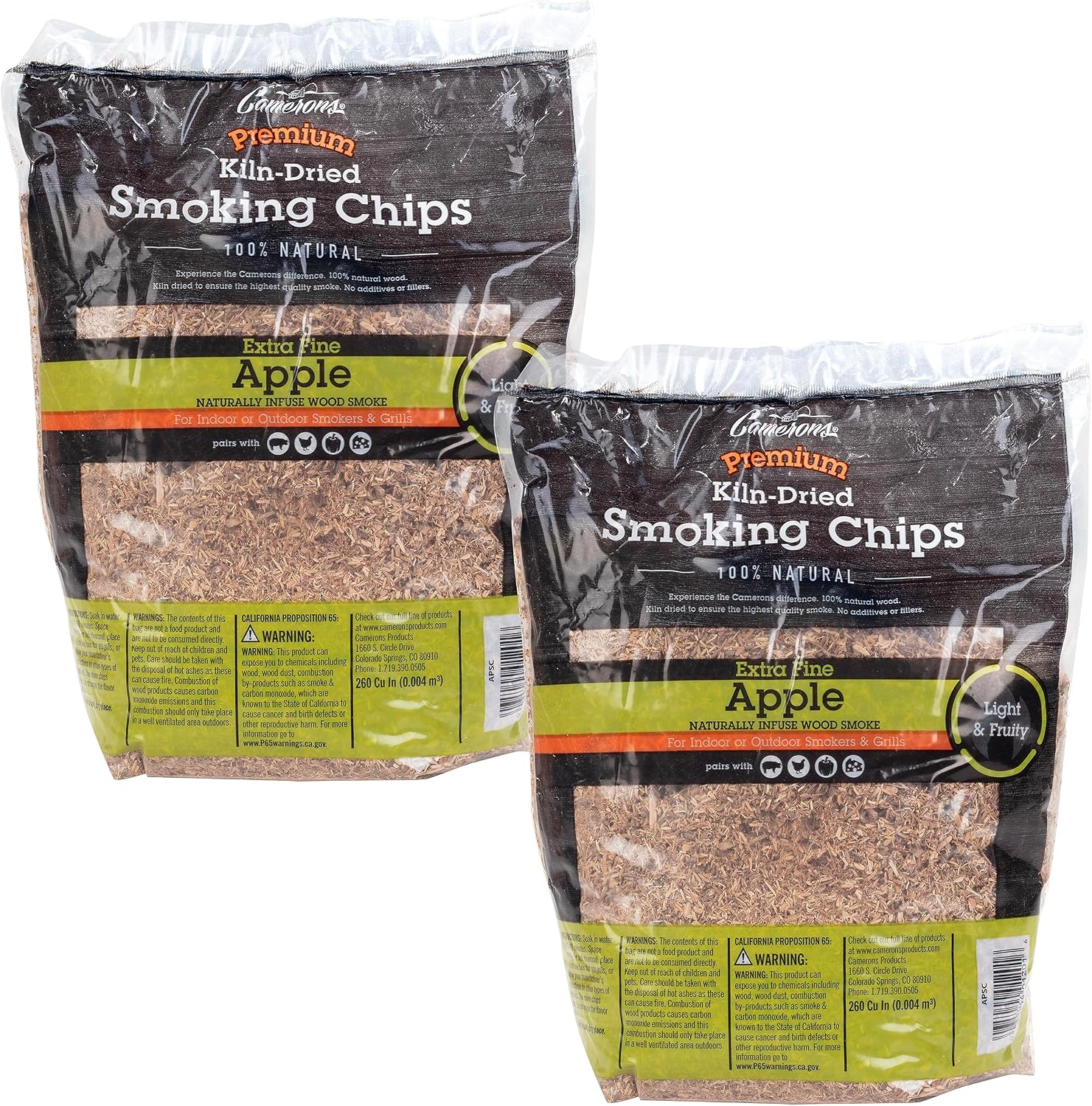 Camerons All Natural Fine Apple BBQ Wood Chips, 260 Cu in Bags, 2 Pack