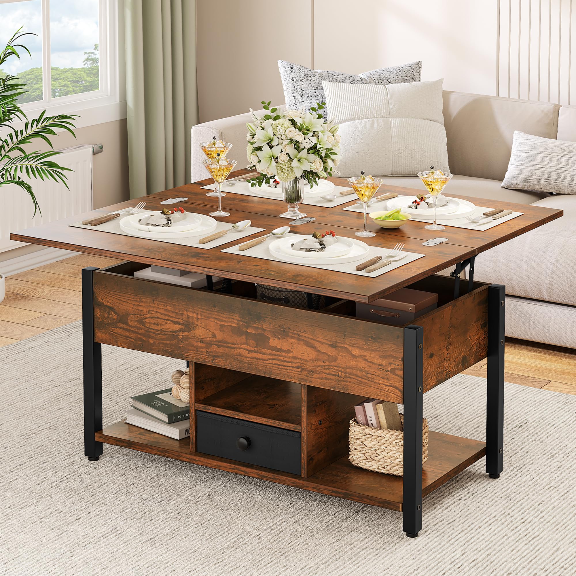 YITAHOME Mesa de Centro con Altura Ajustable, Mesa Auxiliar Multifuncional 4 en 1 con Espacio de Almacenamiento Mesa de Centro Convertible en Mesa de Comedor para Sala de Estar, Marrón Vintage