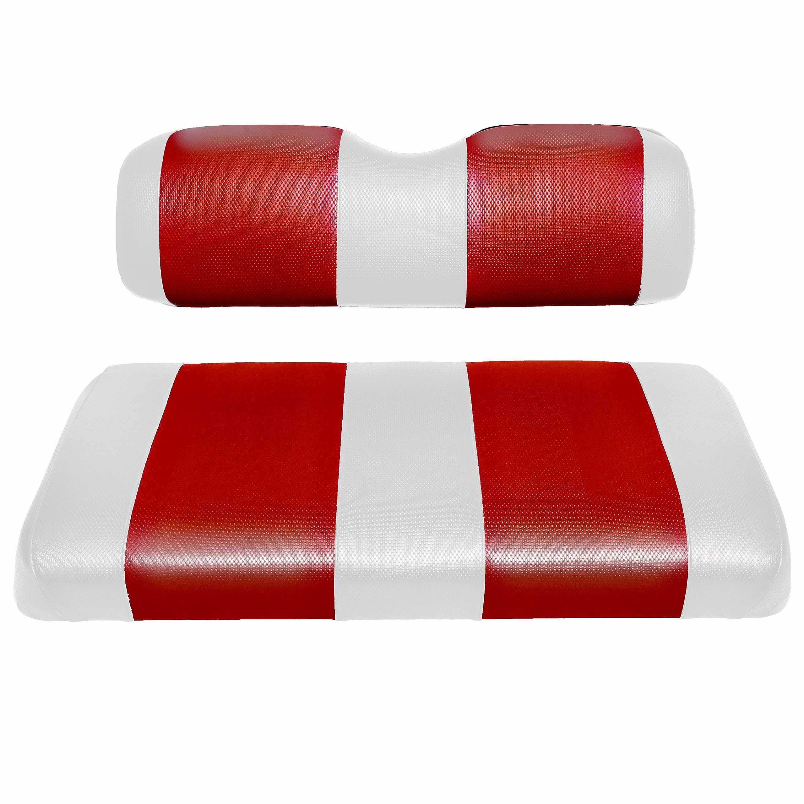 EZGO TXT Replacement Golf Cart Seat Cover Staple On Installation - 2 Piece - Premium Marine Vinyl - 5 Panel Stitching - Two-Tone (White & Red) โ image 1