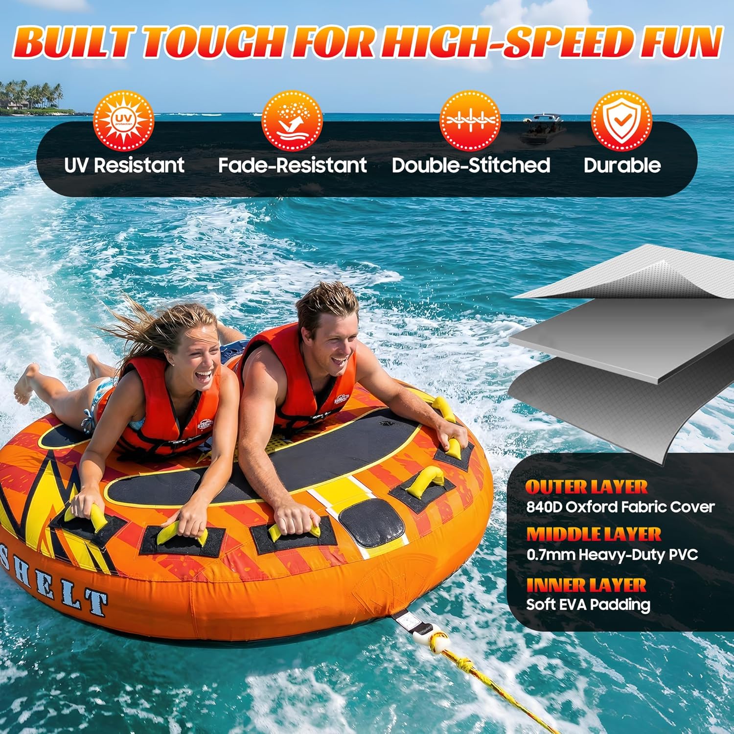 Towable Tubes for Boating Water Tubes - 3 Person Flying Saucer, Heavy Duty Boat Tubes & Towables, EVA Foam Pads, Drainage, Quick Connector F-1015 F-1017 F-1020
