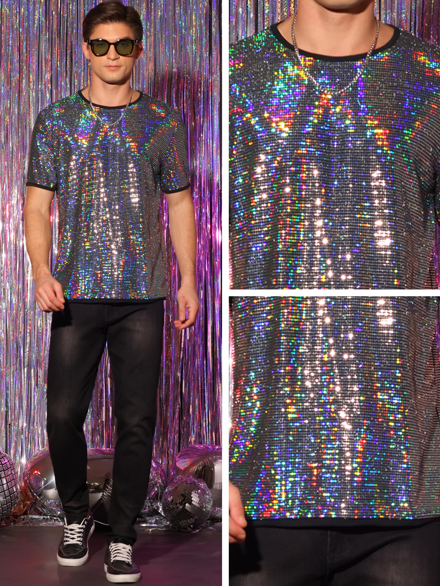 Lars Amadeus Camicie con paillettes da uomo a maniche corte girocollo magliette per feste in discoteca
