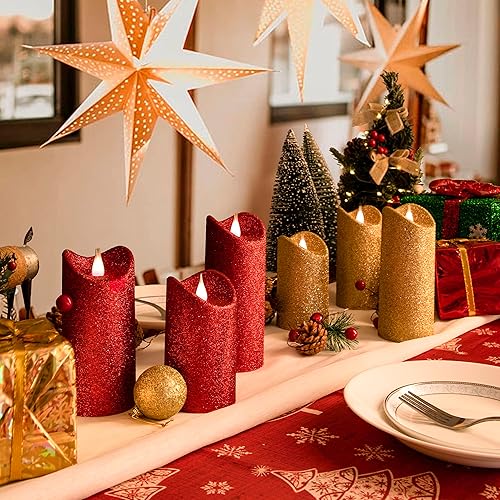 Miniatura 8 de Paquete de 3 velas LED de llama móvil 3D con purpurina roja, control remoto de 10 teclas, vela sin llama con temporizador, decoración del hogar,