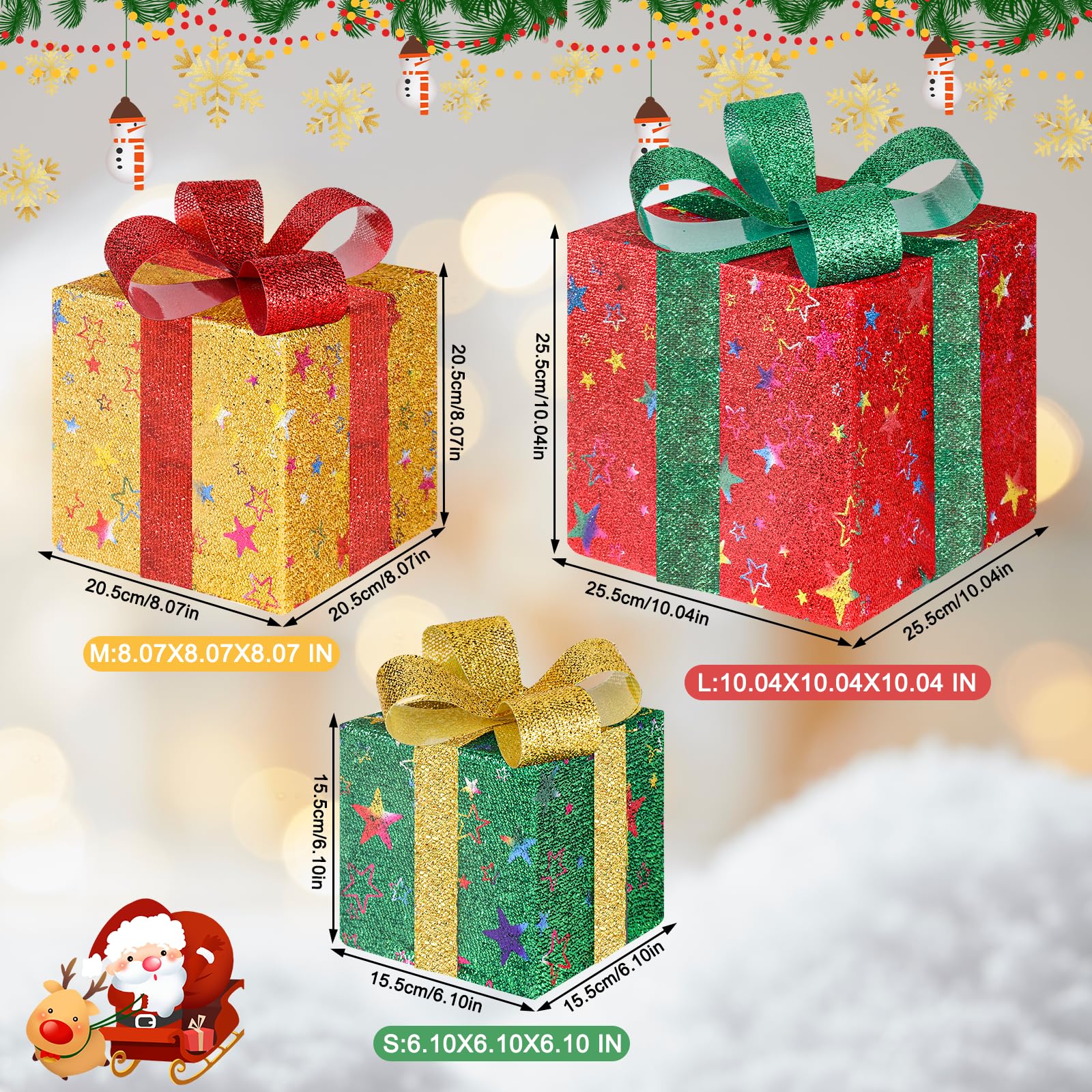 Vsasa? Set of 3 Christmas Lighted Gift Boxes, Light Up Presents Christmas Decor with Bow and 50 LEDs, Star Patterns Foldable Lighted Christmas Boxes with Remote Control, Suitable for Indoor Use