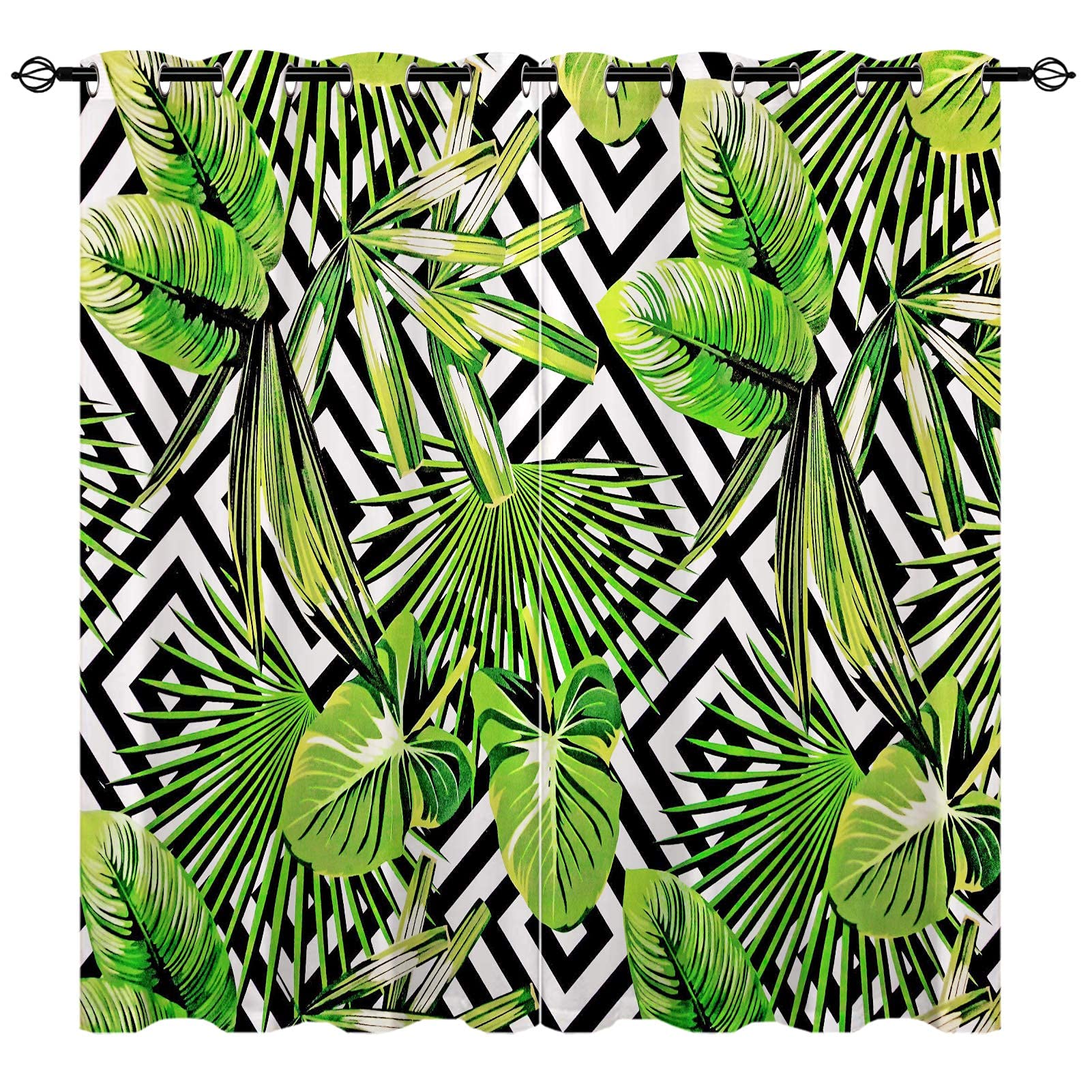 YUANZU Banana Leaf Curtains, Tropical Black White Geometric Lattice 3D Patterns Microfiber Blackout Fabric Eyelet Window Drapes for Living Room Bedroom Set of 2 Panels W168cm (66") x D229cm (90")