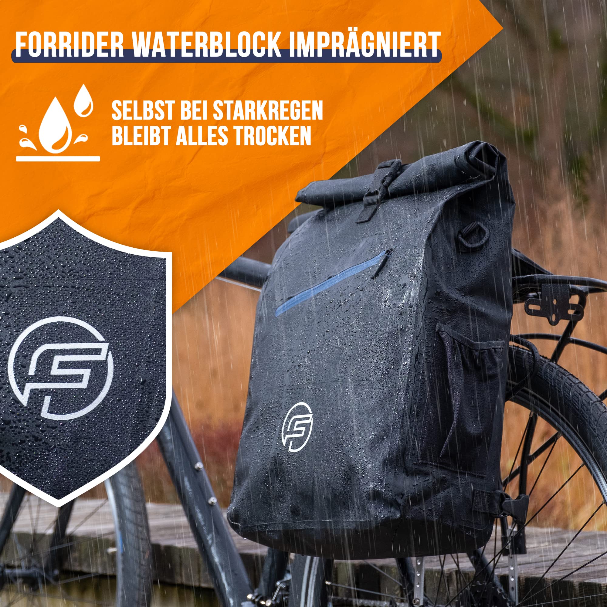 Forrider 3in1 Fahrradtasche für Gepäckträger mit Rucksack Wasserdicht 27L I Gepäckträgertasche Reflektierend I Fahrradtasche Rucksack | Fahrradrucksack für Gepäckträger mit Laptopfach (schwarz)