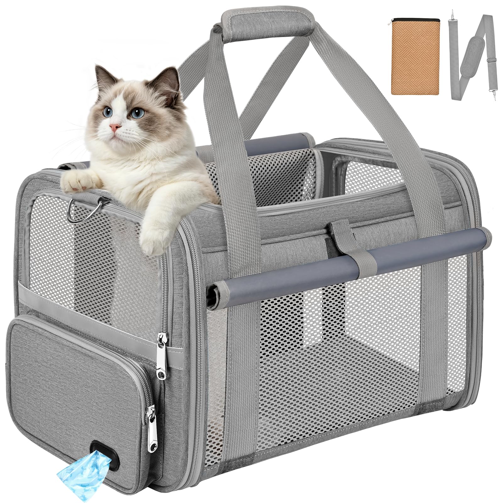 Sac Transport Chat Approuvé Aviation Sac Transport Chien Respirant et Pliable Caisse de Transport Chat avec Bandoulière Réglable Portable Cage Transport Chat avec Tapis Réversible (Gris)