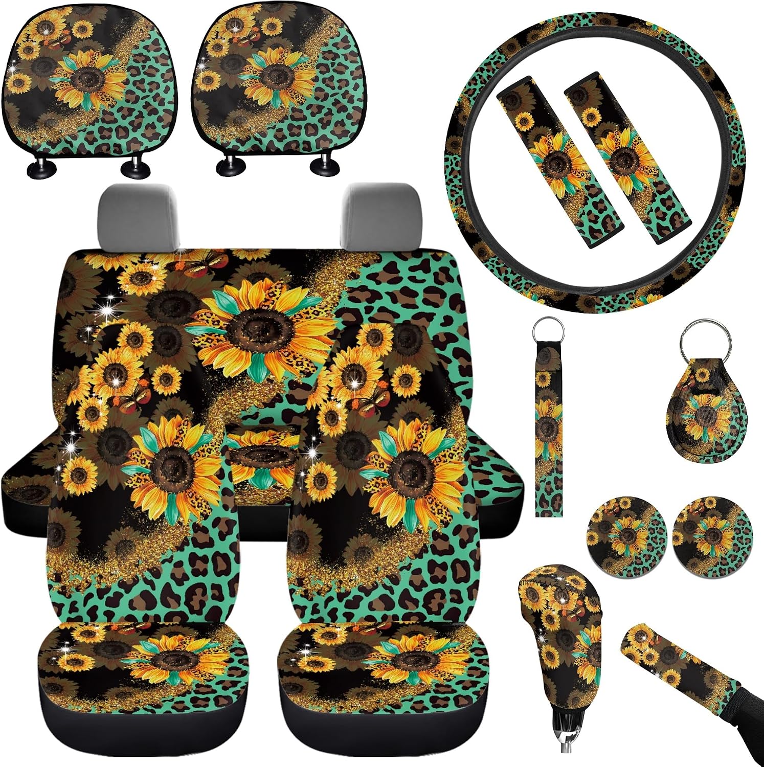 Sunflower Car Accessories Full Set Leopard Print Auto Seat Covers Set 15 Pcs Hippie Steering Wheel Cover Seat Belt Cover Handbrake Gear Cover Keychain Coasters Set for Truck SUV