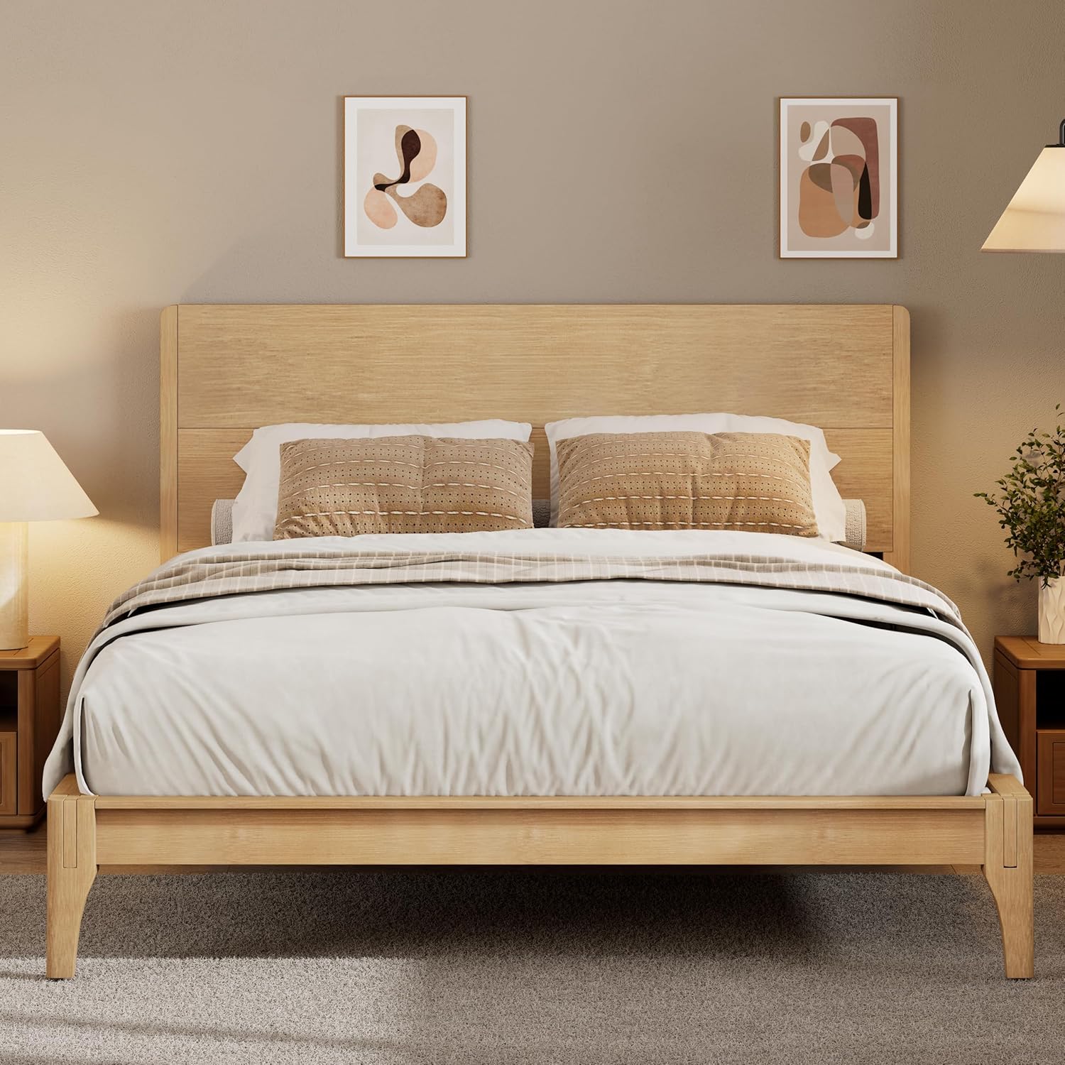LUMISOL Queen Bamboo Bed Frame with Tall Hedaboard, Mid Century Queen Size Bed Frame with Storage and Sturdy Support for Saving Space, Wood Slat Metal Support, Natural